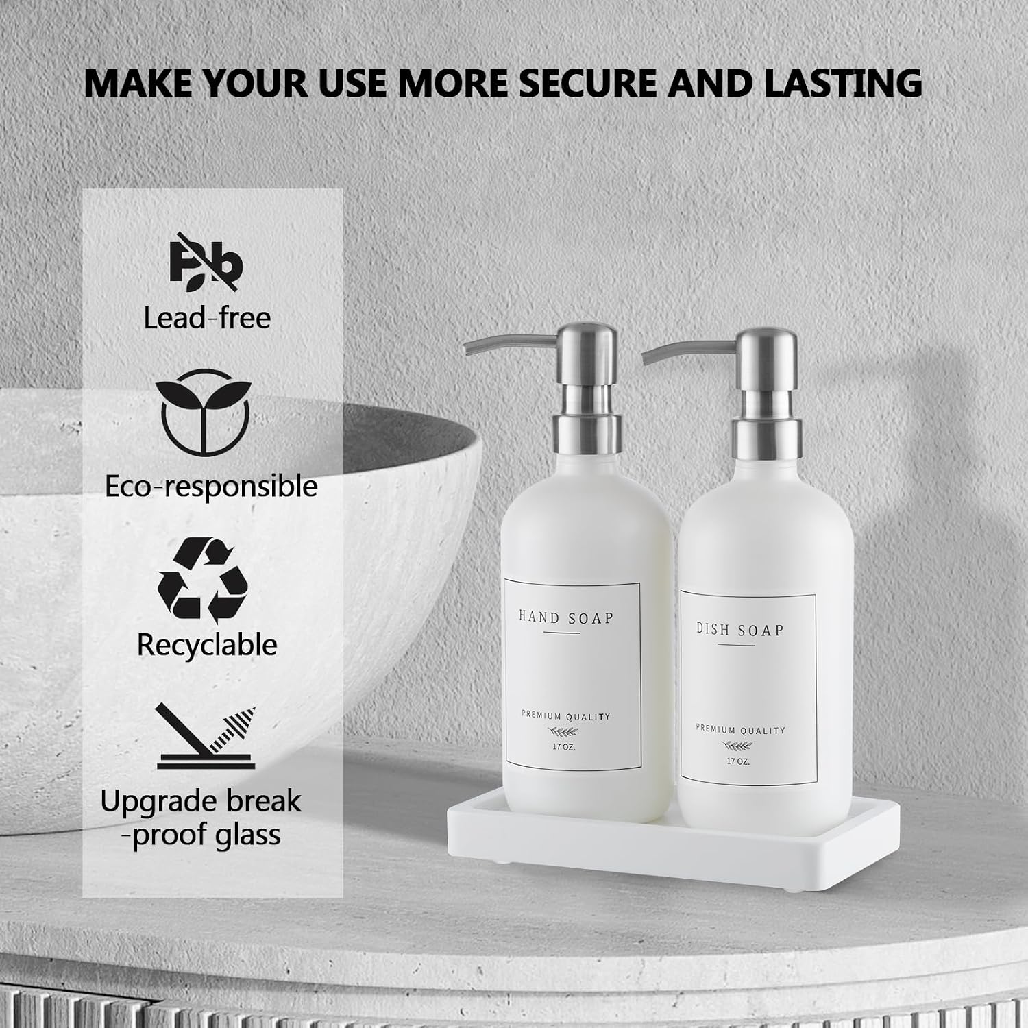 Thick Glass Soap Dispenser - Kitchen Dish Hand Soap Dispenser Set, Rustproof Pump Soap Lotion Dispenser Bathroom with