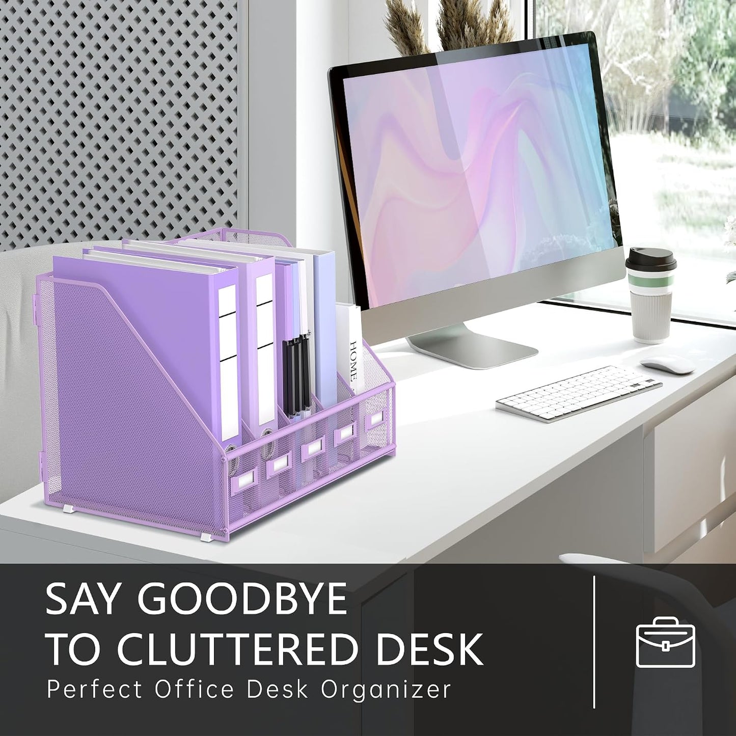 DALTACK 5-Slot Magazine File Holder, Metal Binder Holder, Purple | Iron Mesh Construction, Labeled Sections for Easy
