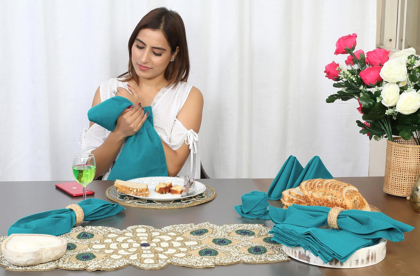Bedding Craft Cotton Cloth Dinner Napkins Set of 12 – 18x18 Teal Hemstitched with Decorative Selvedge Holes & Mitered