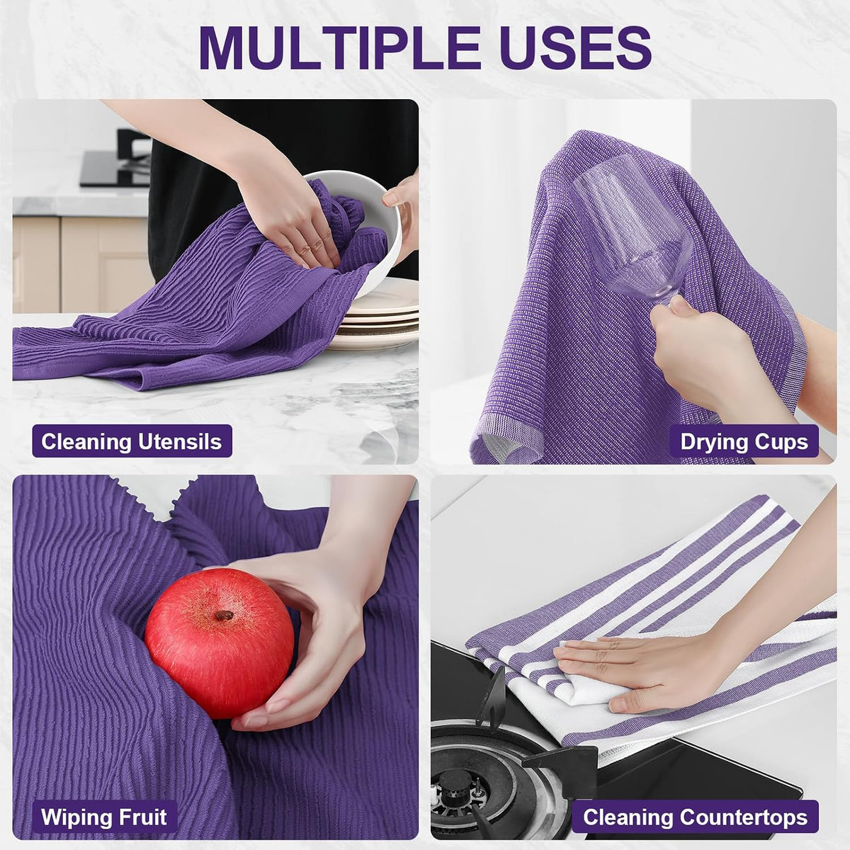 Homaxy Cotton 380 GSM Premium Kitchen Towels, 18"x 28", 9 Pack, Purple | Soft and Absorbent Terry Dish Towels