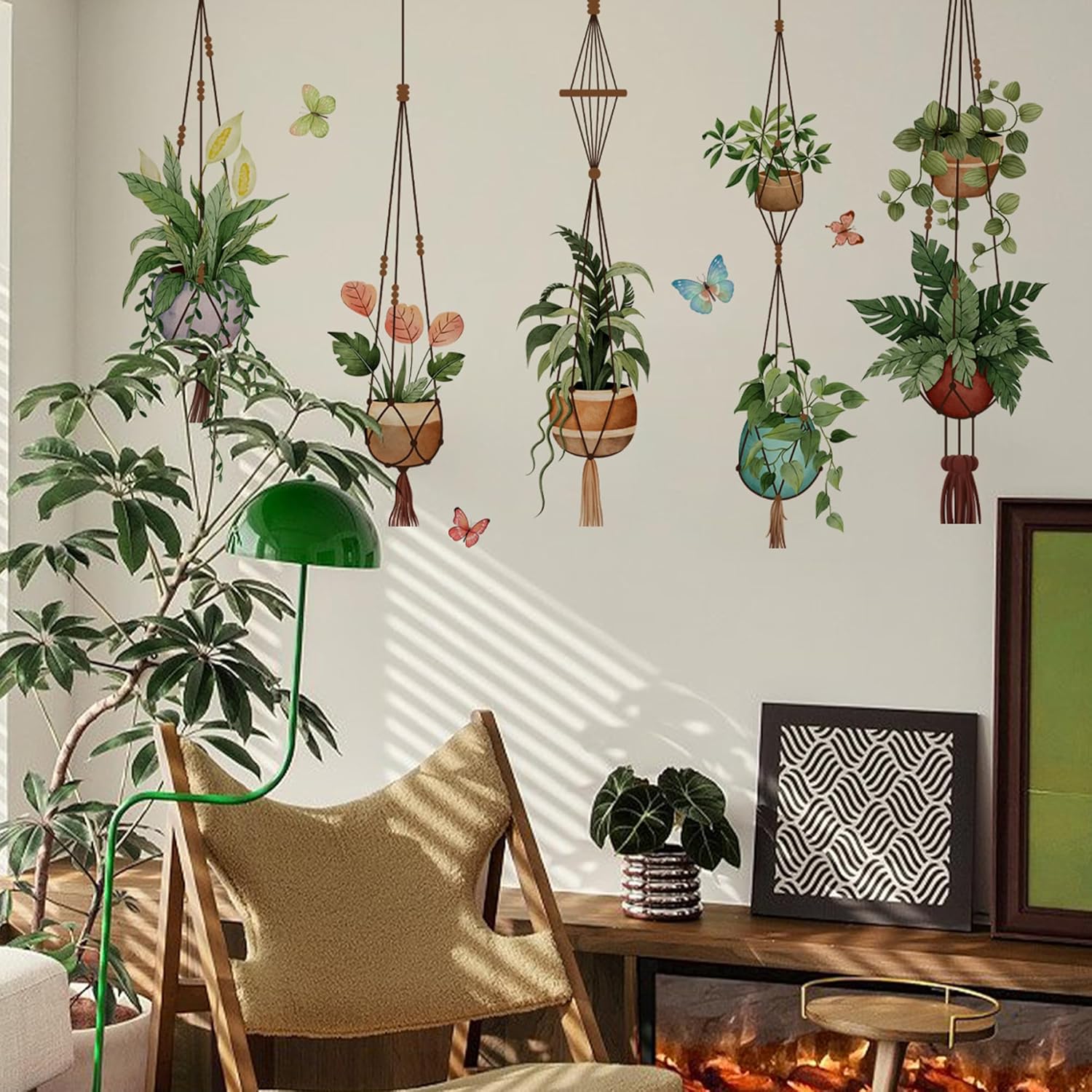Hanging Potted Wall Stickers Plant Vine Wall Decals Peel and Stick Leaves Boho Wall Art / Green