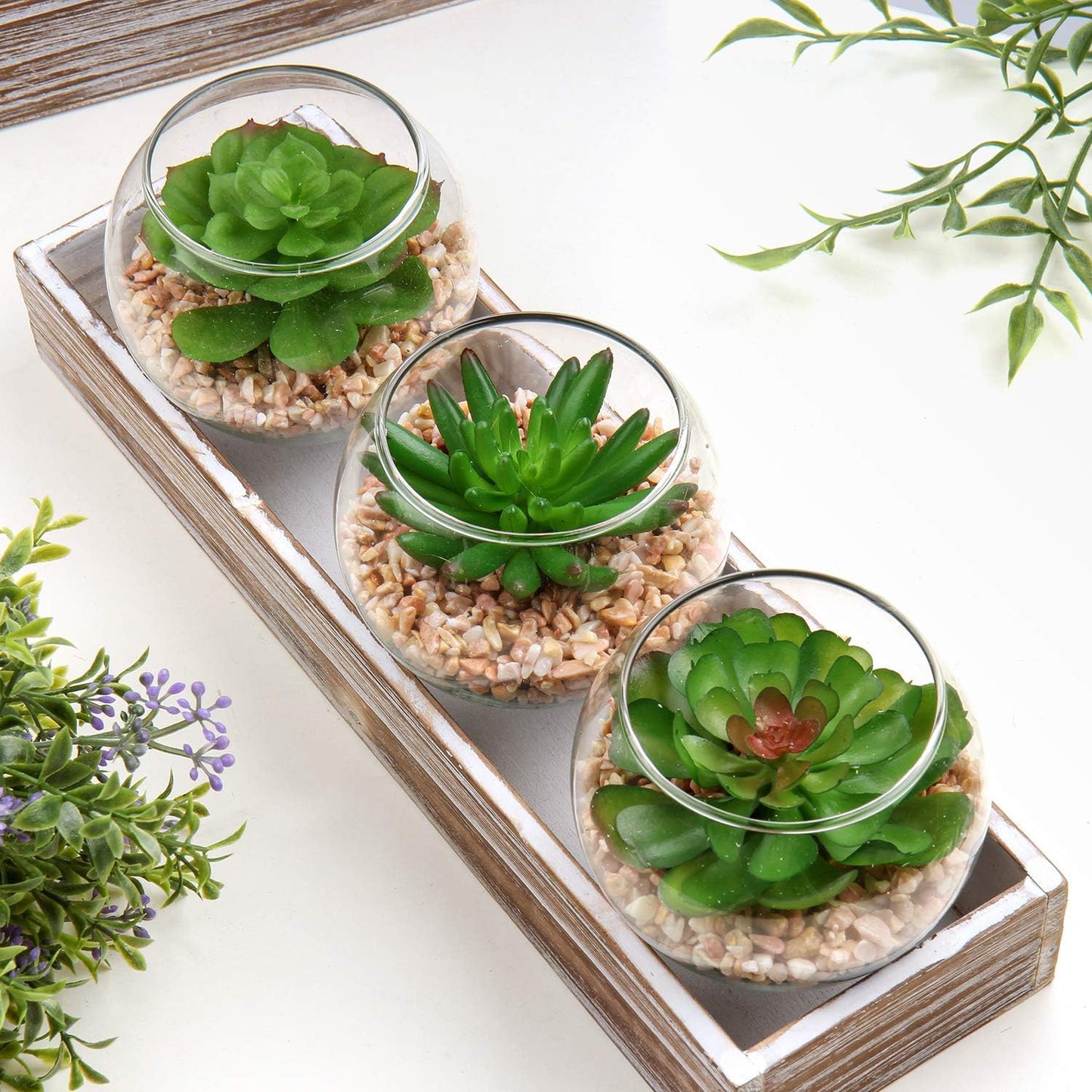 Mini Fake Plants 3 Packs Artificial Succulents Plants in Round Glass Vase / Succulents#07 / Set of 3