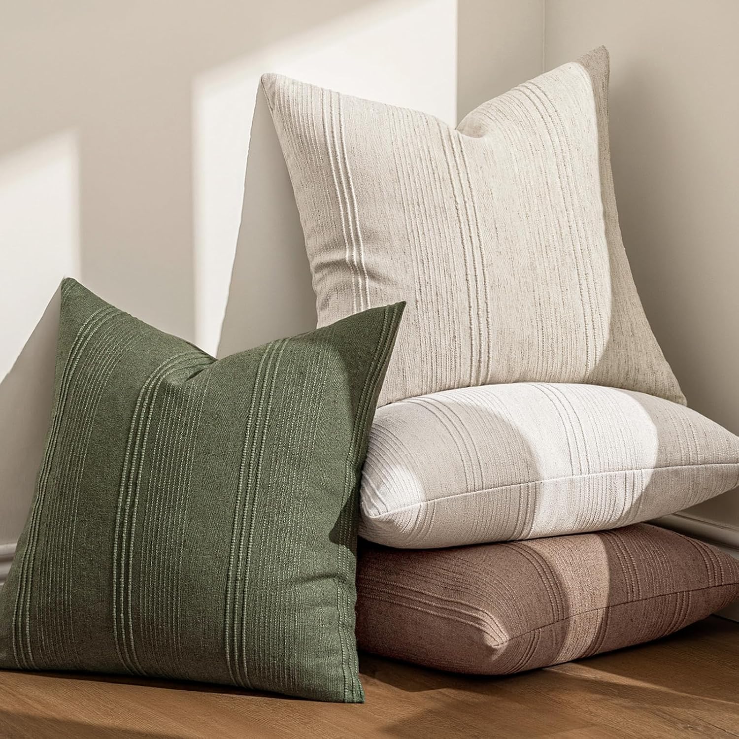 Striped Throw Pillow Covers Decorative Textured Pillow Covers Linen / 18 x 18 / Beige / Set of 2