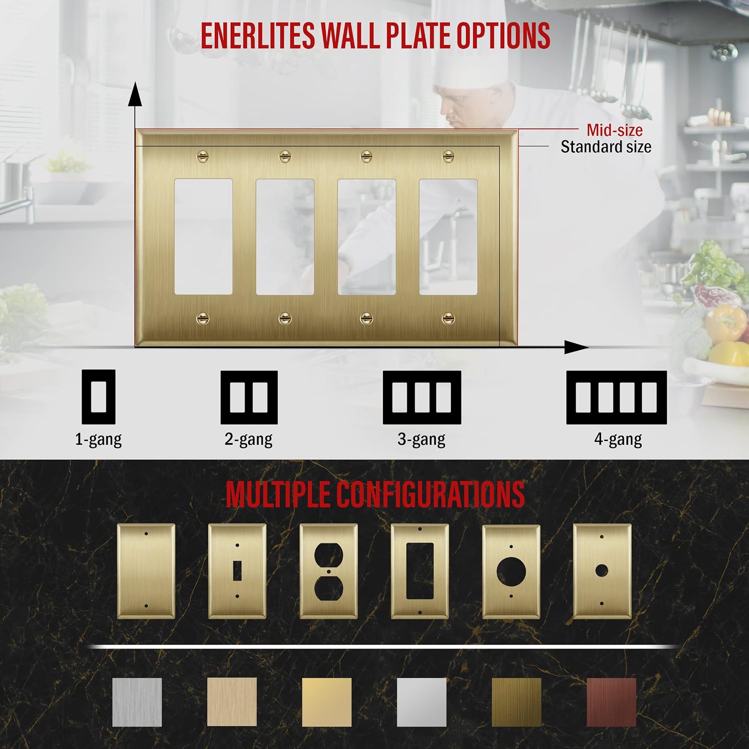 ENERLITES Quad Decorator Metal Wall Plate, Decorator Switch Receptacle Cover, Corrosion Resistant, Stainless Steel 201