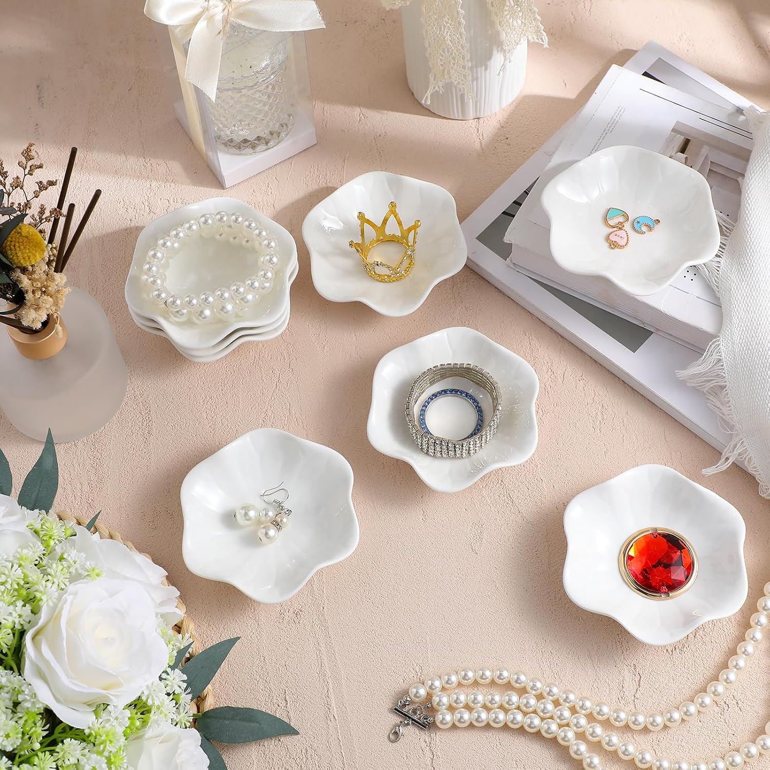 Ceramic Jewelry Tray in Ring Holder Trinket Dish / Flower / White / 4.5 Inch / Set of 6
