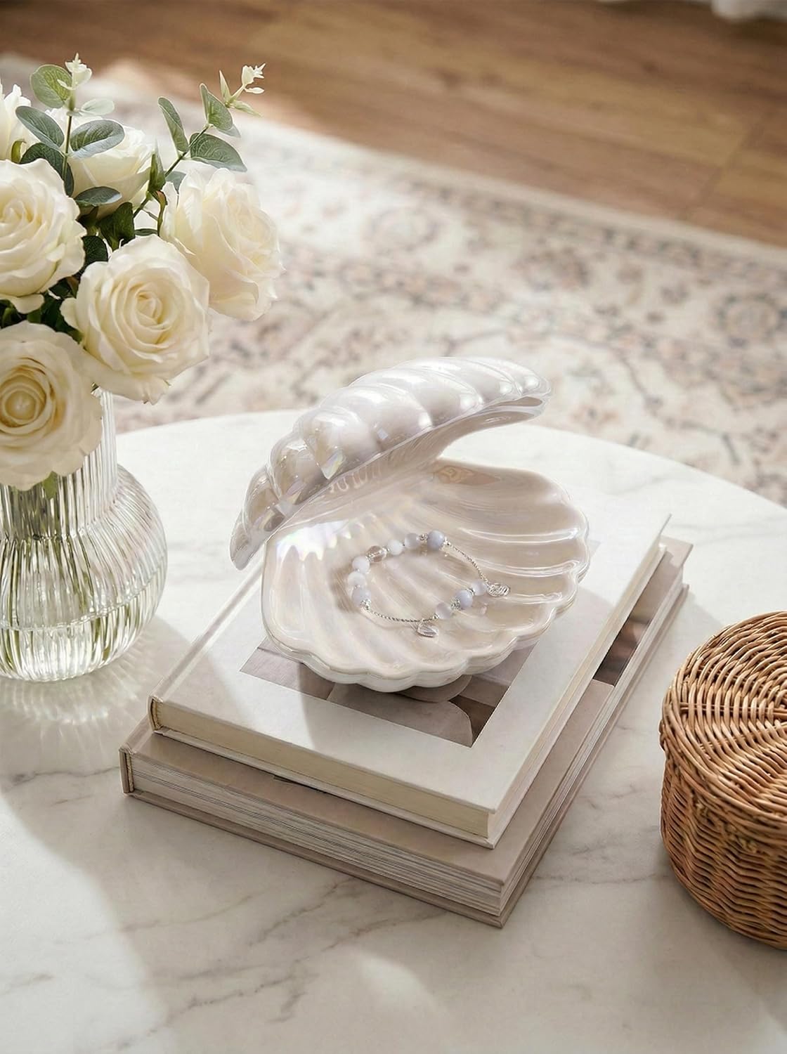 Ceramic Trinket Tray Clamshell Jewelry Storage Dish / White