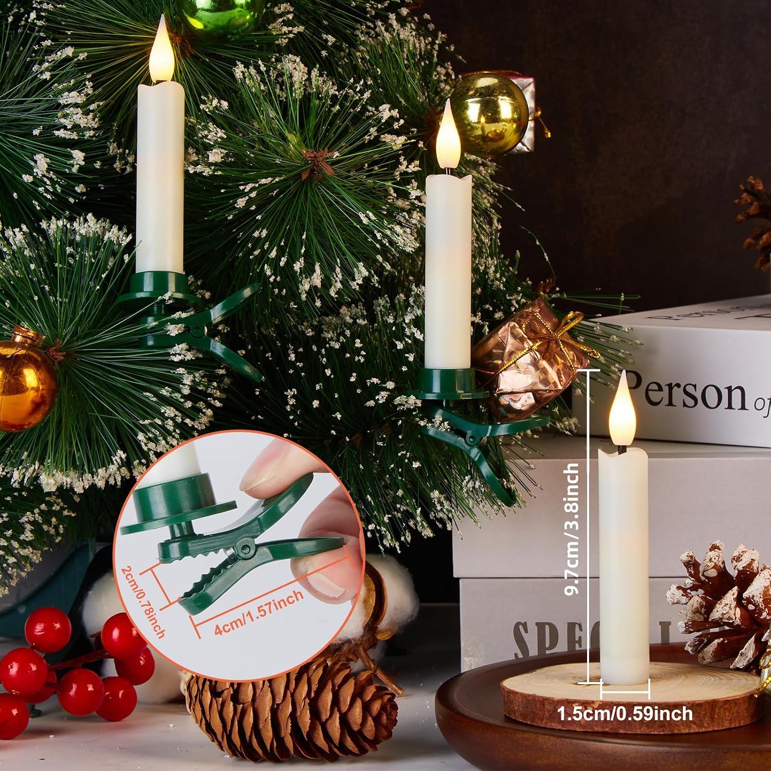 IMAGE 12Pcs LED Taper Candles Light Set Flameless 3D Wick Ivory Candles with Clip-on Christmas Tree Design, 10-Key