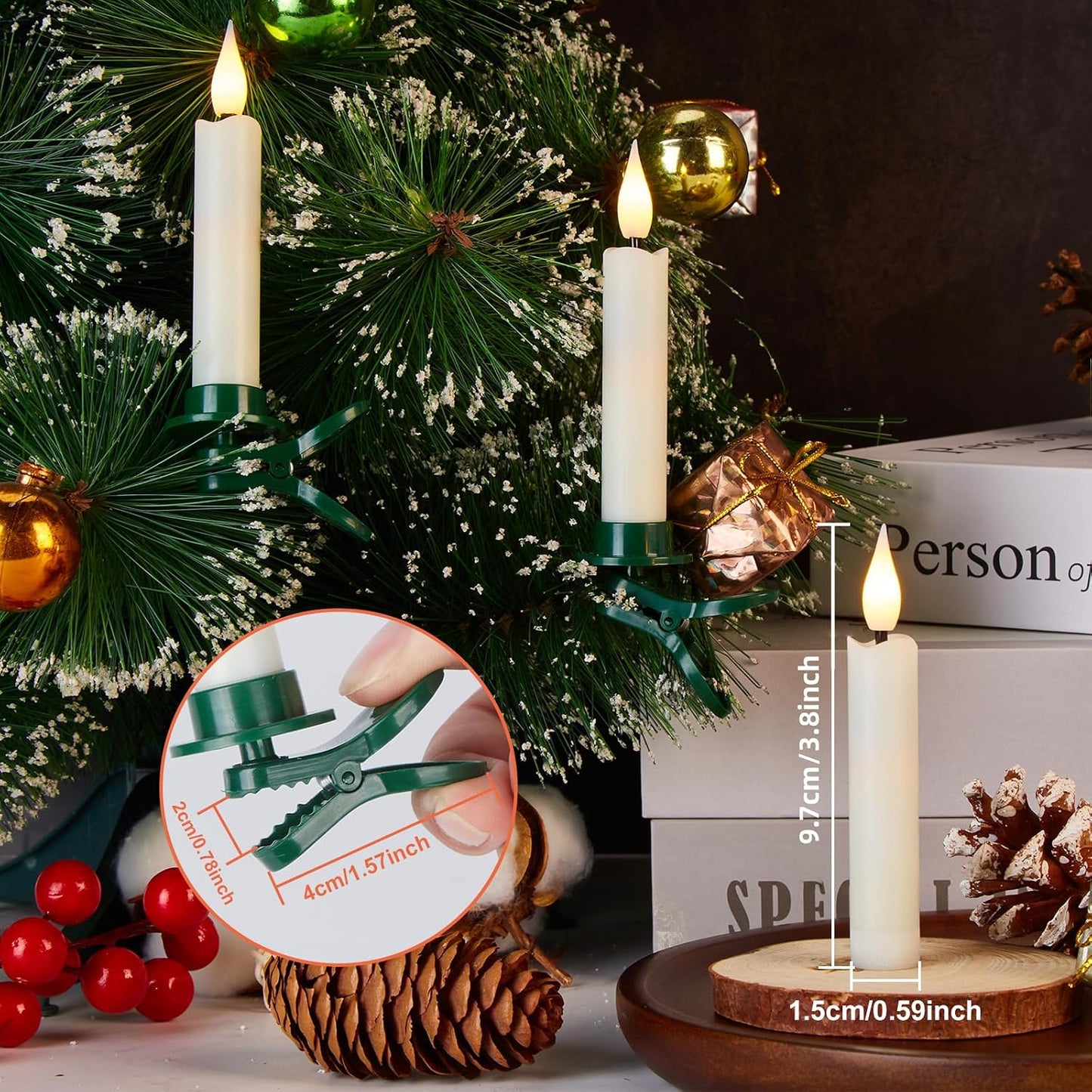 IMAGE 24Pcs LED Taper Candles Light Set Floating Effect with Fishing Line Flameless 3D Wick Ivory Candles with Clip-on