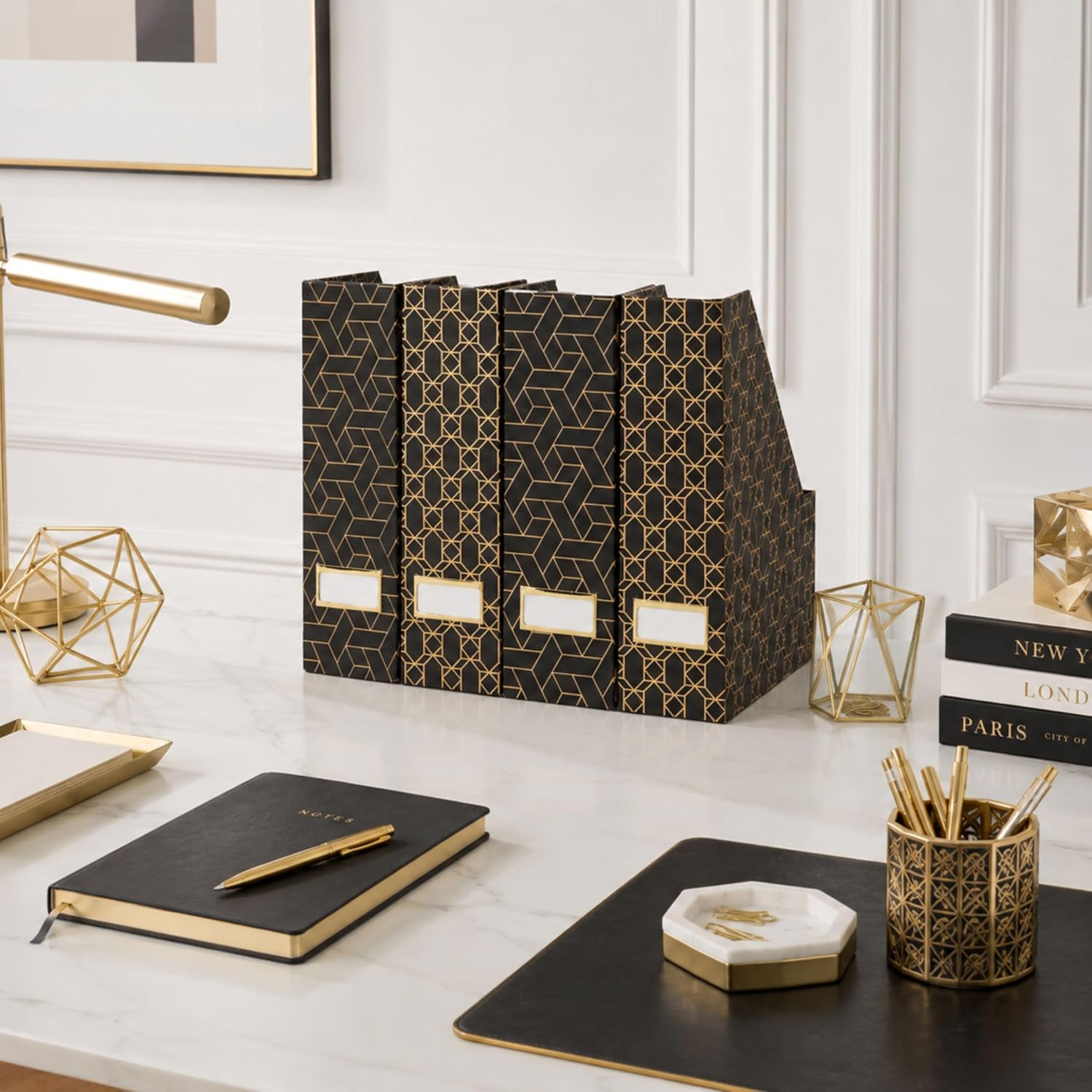 BLU MONACO | Set of 4 Black & Gold Geometric Magazine File Holders with Gold Label Holders | Stylish Vertical File