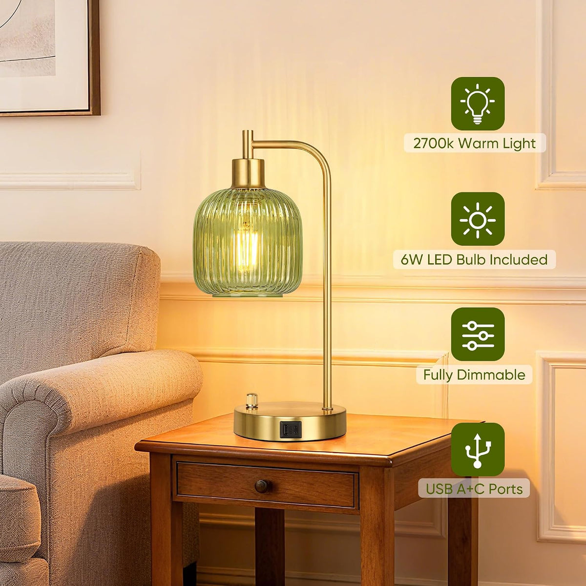 QiMH Industrial Table Lamp for Bedroom Set of 2, Green Glass Beside Lamp with USB A&C Ports, Stepless Dimmable Gold