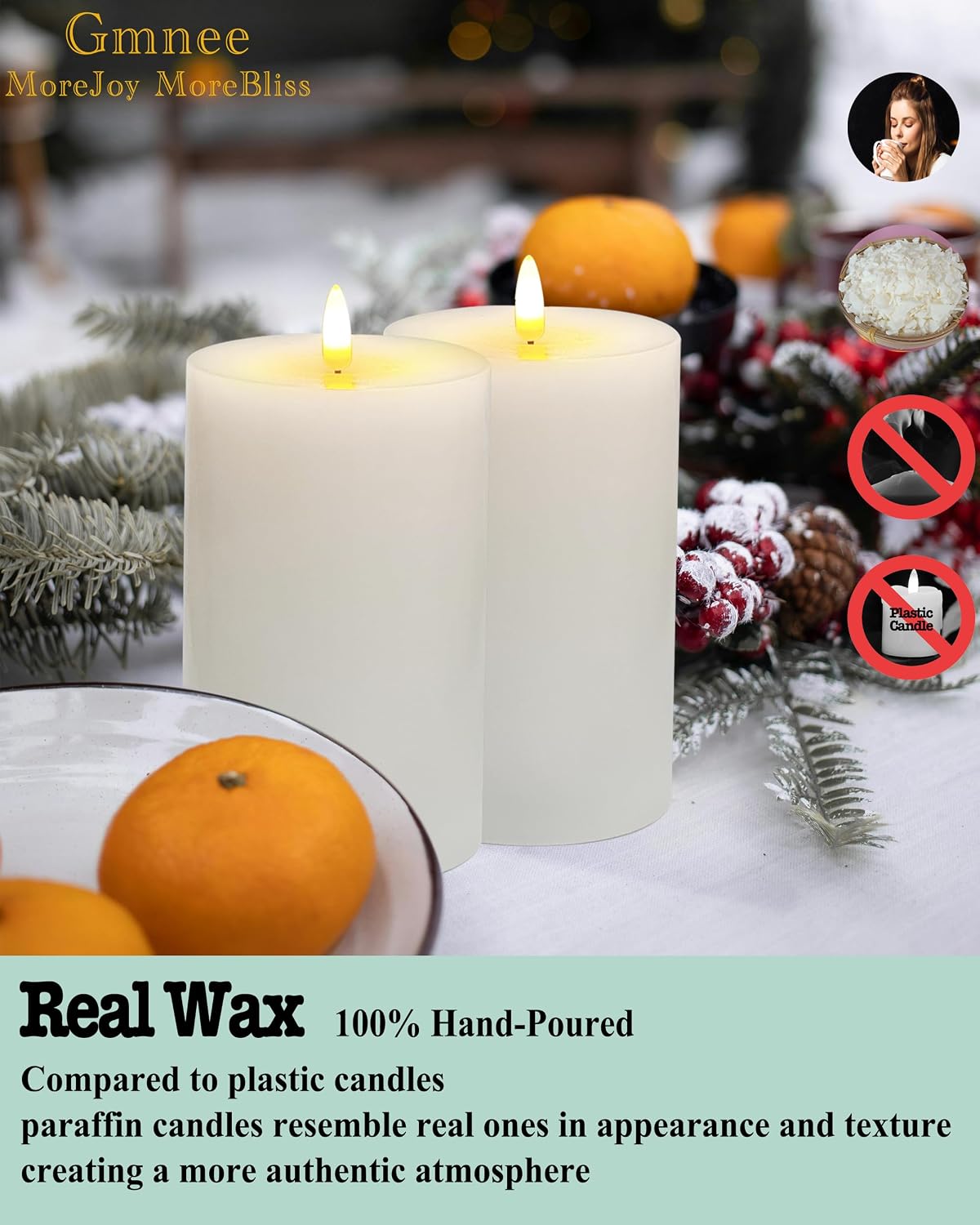 Gmnee 4"x8" Flickering Flameless Candles with Remote Timer, Real Wax, White | 2 Pack 4" Diameter Extra-Large Pillar