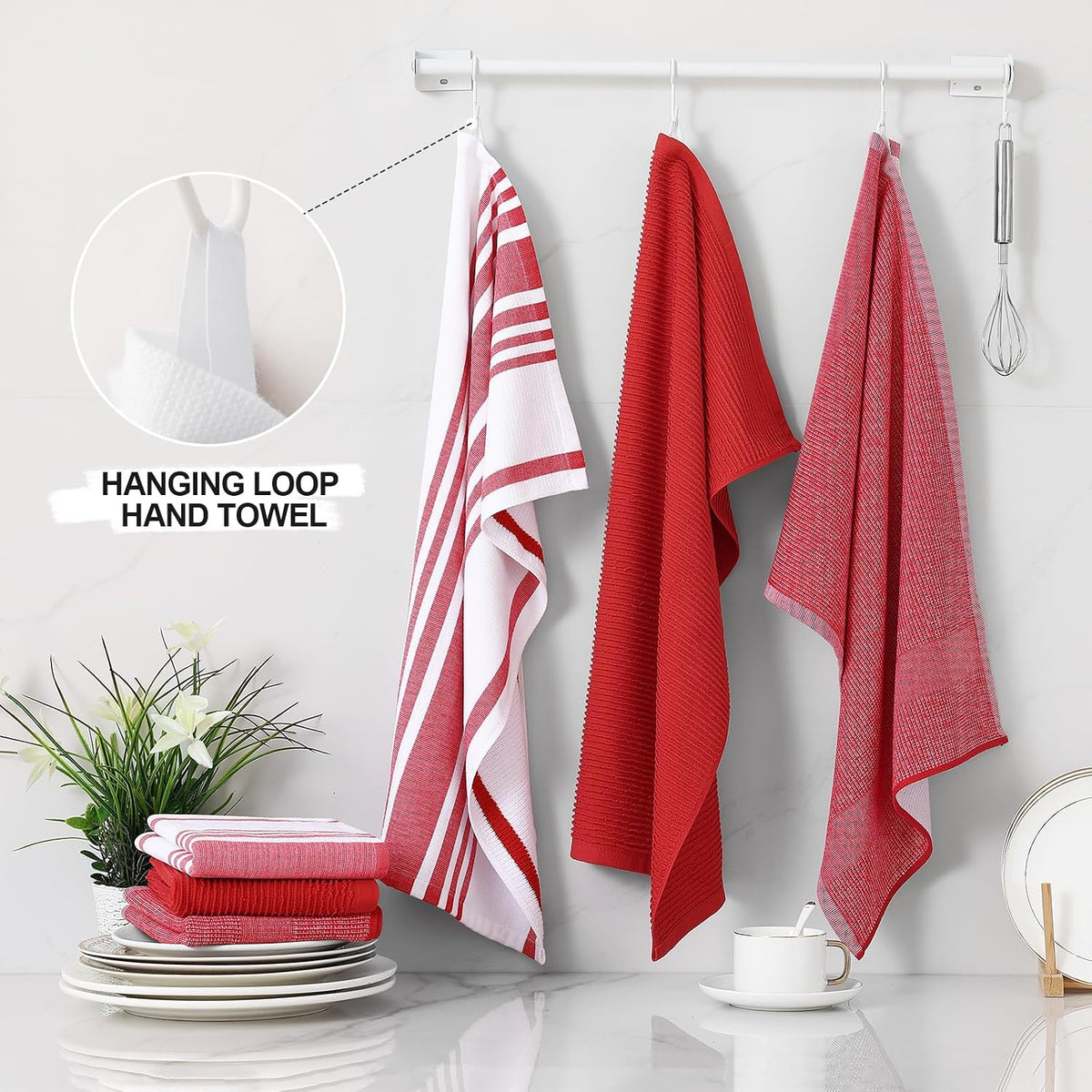Homaxy Cotton 380 GSM Premium Kitchen Towels, 18"x 28", 12 Pack, Red | Soft and Absorbent Terry Dish Towels