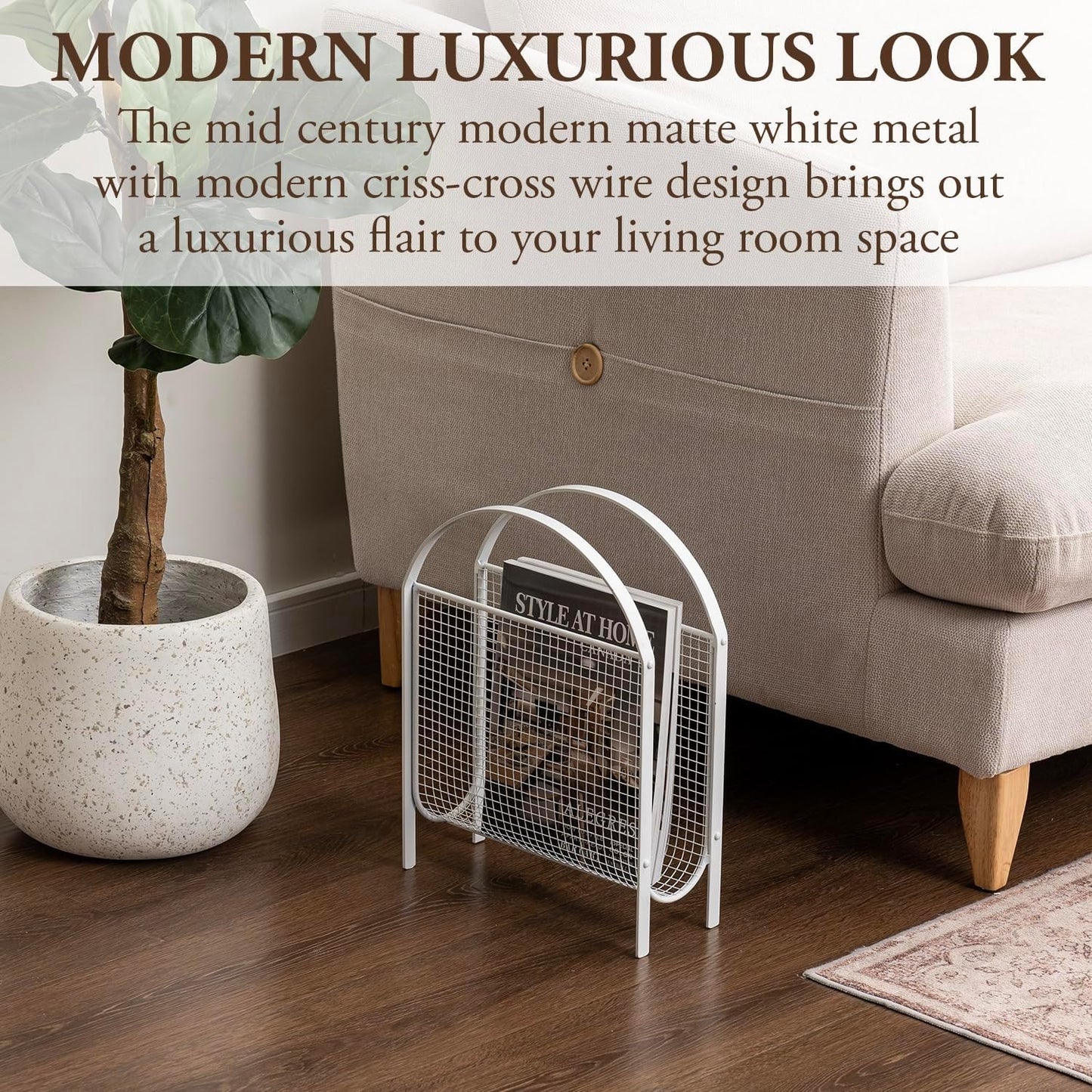 MyGift White Metal Mesh Magazine Rack, Mid Century Freestanding Holder | Sling-style storage keeps newspapers and