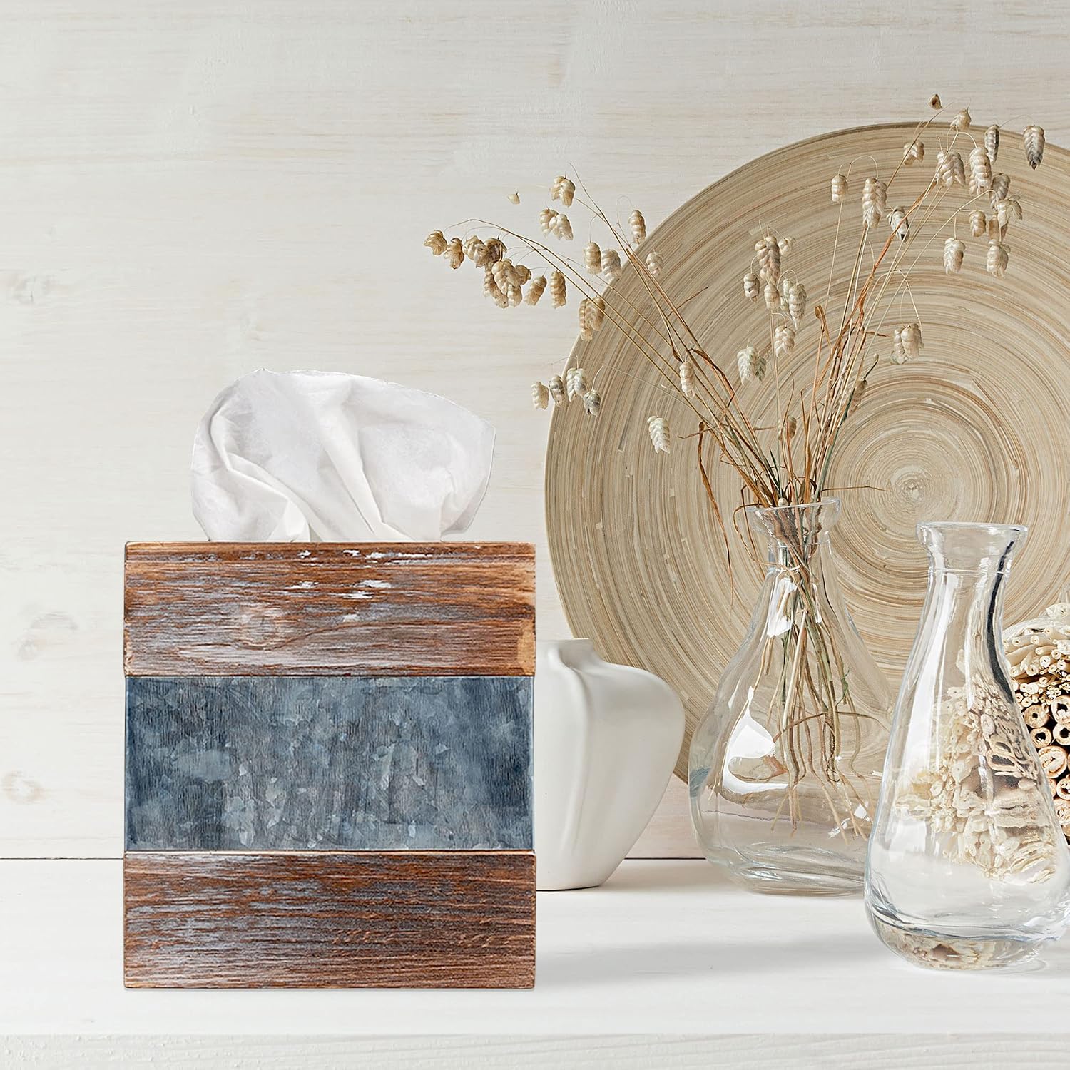 Rustic Metal and Distressed Wood Square Tissue Box Cover