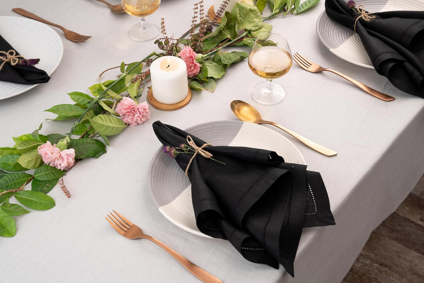 Signature Linen™ by D'Moksha Black Dinner Napkins Set of 8, 20 x 20 Inch Cloth Napkins, 100% Pure Linen, Hemstitch