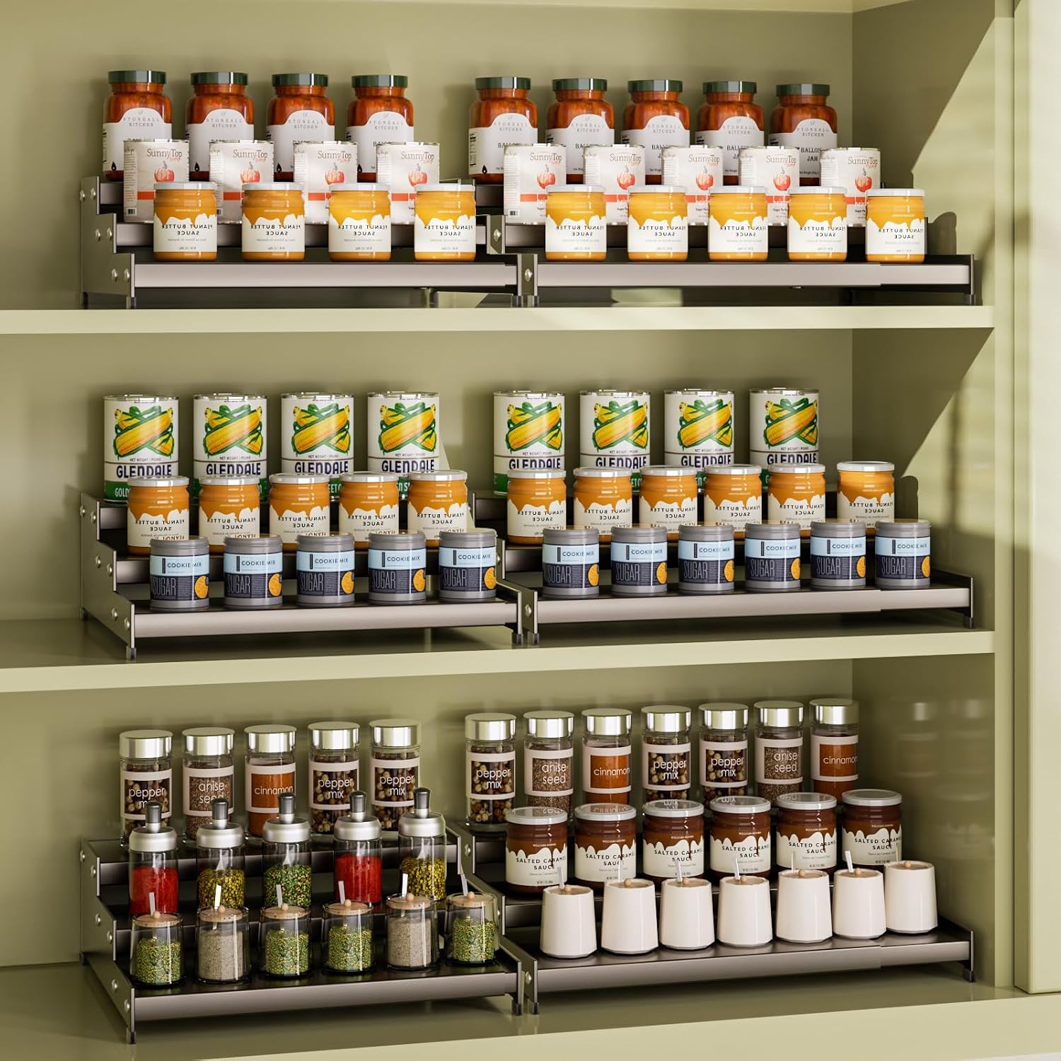 Expandable Carbon Steel Spice Rack Organizer for Pantry, Adjustable 3-Tier Ladder Shelf,Holds Up to 24 Cans,Kitchen