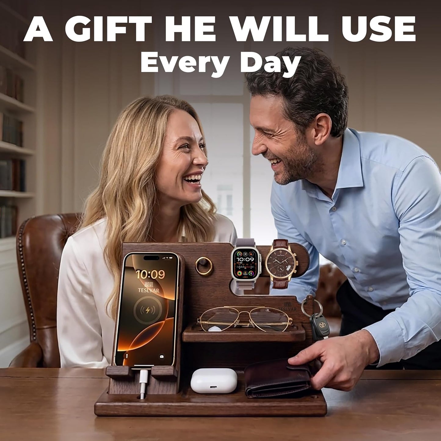 TESLYAR Wood Phone Docking Station for Men - Desk or Nightstand Organizer - Birthday Gifts for Husband, Dad