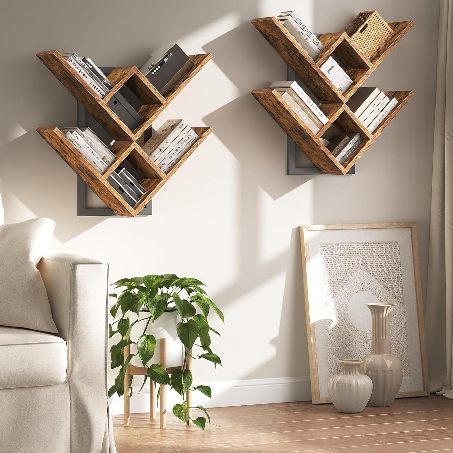 HOOBRO Floating Shelves for Wall, Set of 2 Wall Mounted Shelves, 2-Tier Wooden Tree Bookshelf, Hanging Shelves Storage