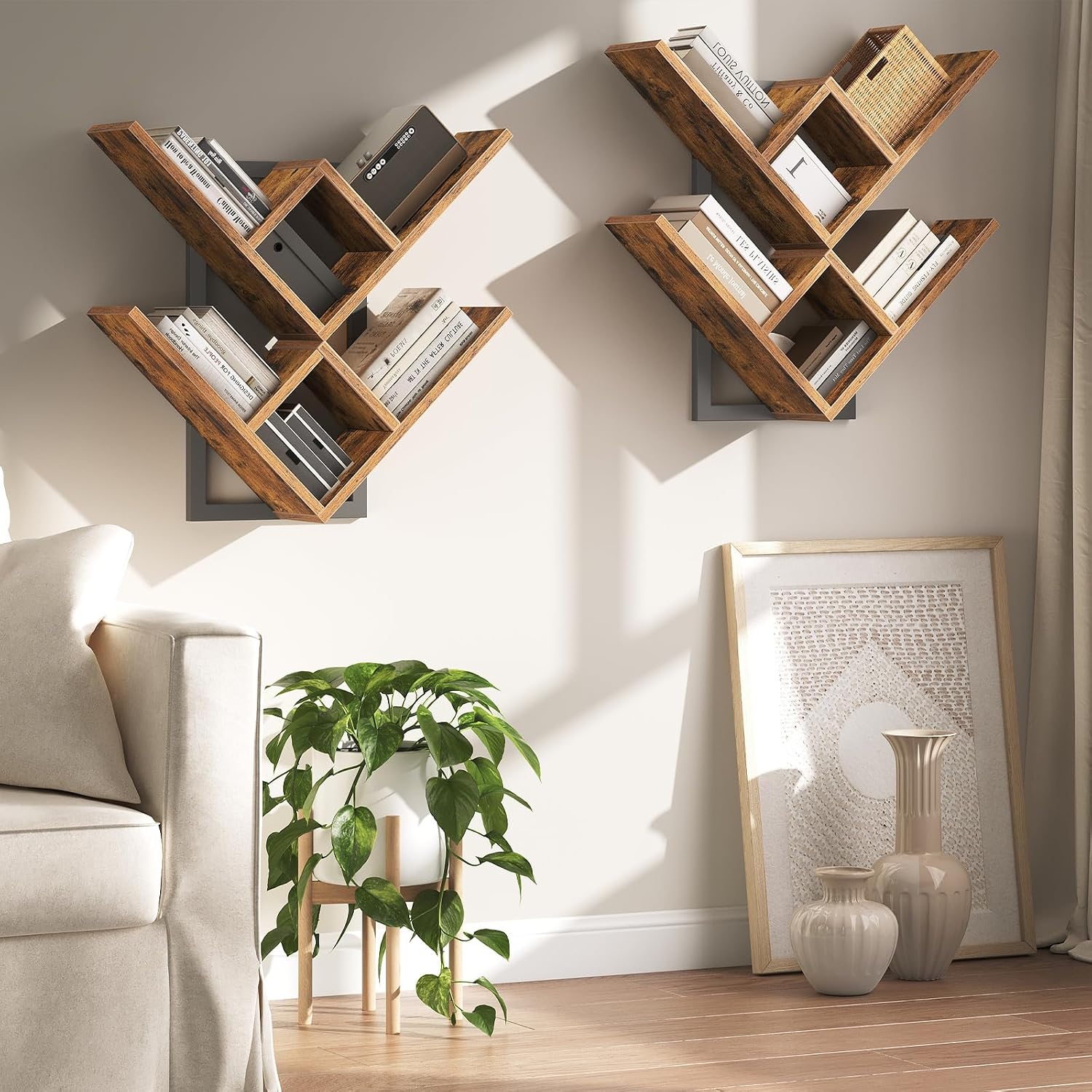 HOOBRO Floating Shelves for Wall, Set of 2 Wall Mounted Shelves, 2-Tier Wooden Tree Bookshelf, Hanging Shelves Storage