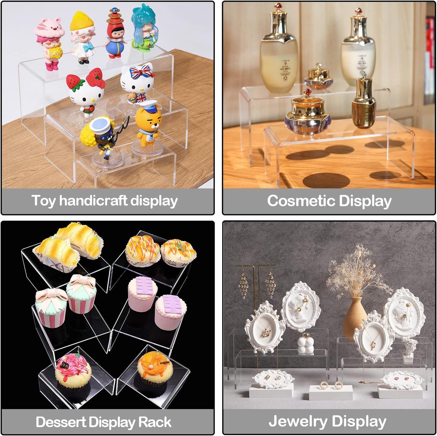 MerryNine Clear Acrylic Risers Display Stands Multi-Size | 8-Piece Set, Square, 4"~6.3", Ideal for Retail, Cupcakes