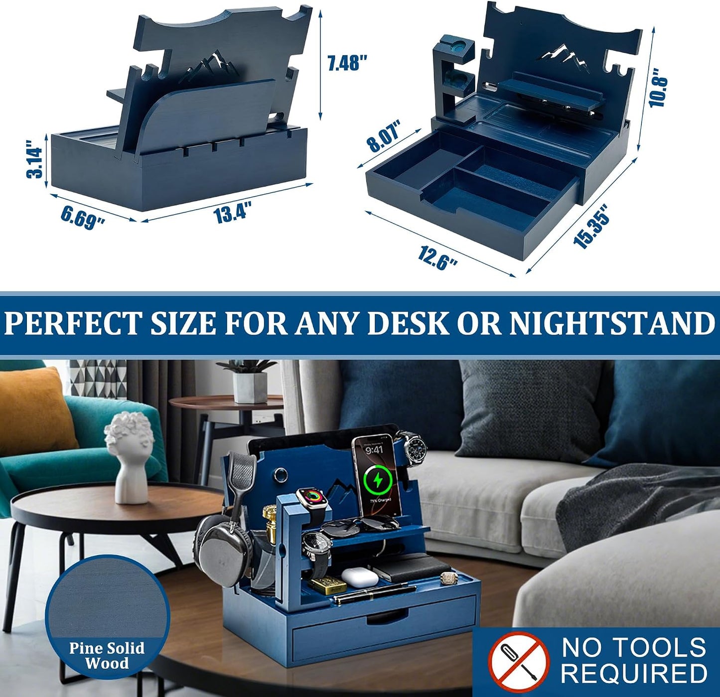 Nightstand Organizer for Men with Large Drawer, Wood Phone Docking Station for Phone, Apple Watch, Wallet & Keys, Ideal