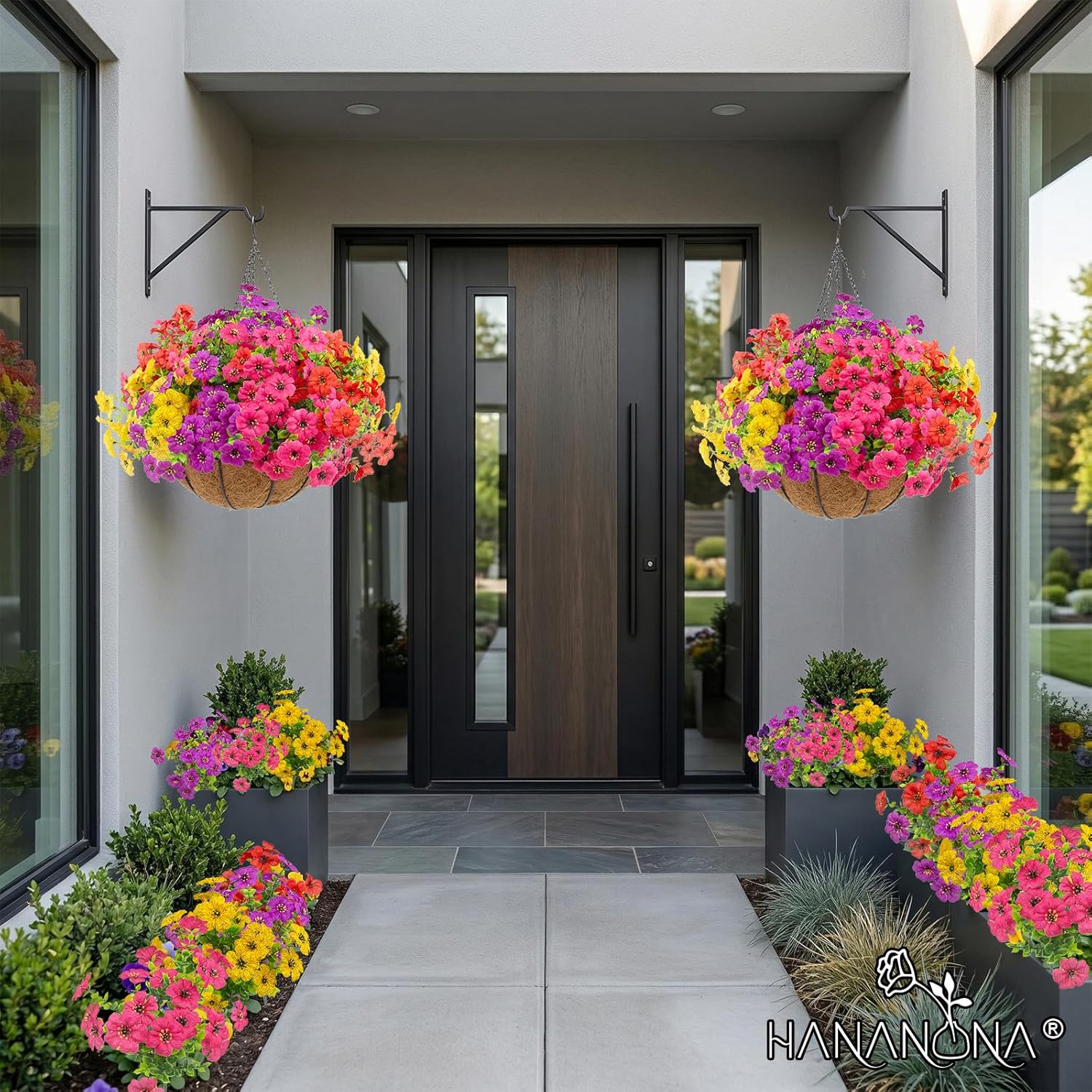Artificial Outdoor Flowers / Red, Purple, Yellow, Rose Red / Set of 24
