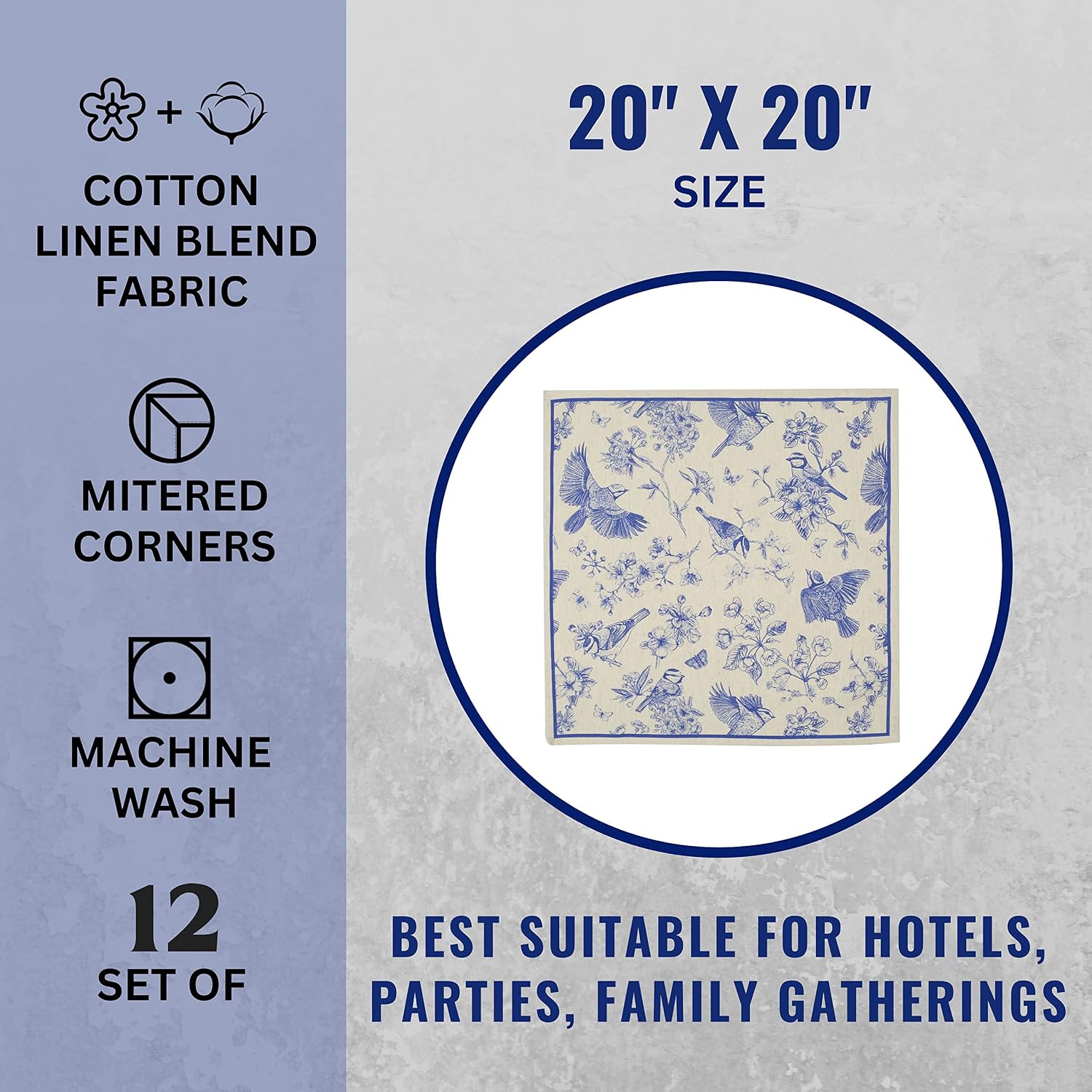 FINGERCRAFT Cloth Napkins Set of 12 Cotton Linen, 20x20 Inch, Toile | Mitered corner, washable, soft, absorbent, floral