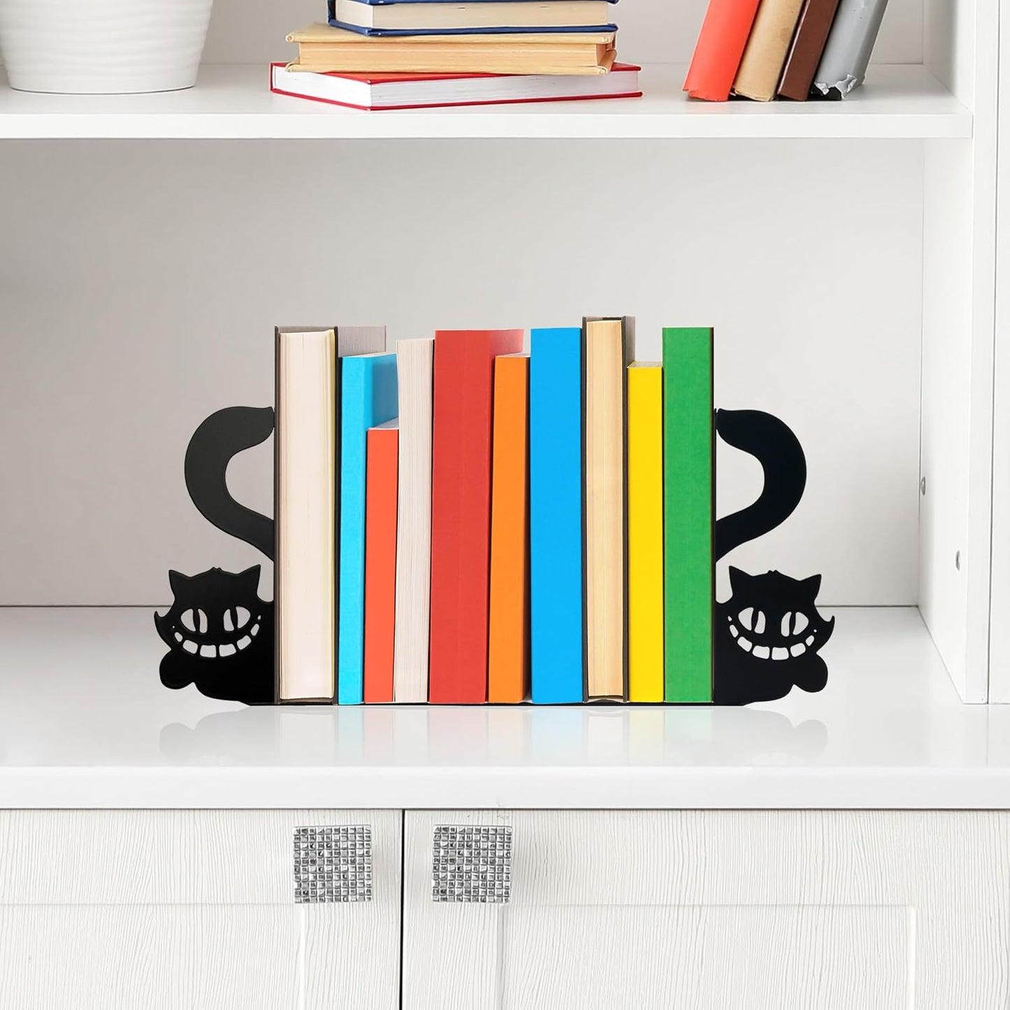 Metal Cat Bookends Funny Cheshire Cat Peeking Book Ends