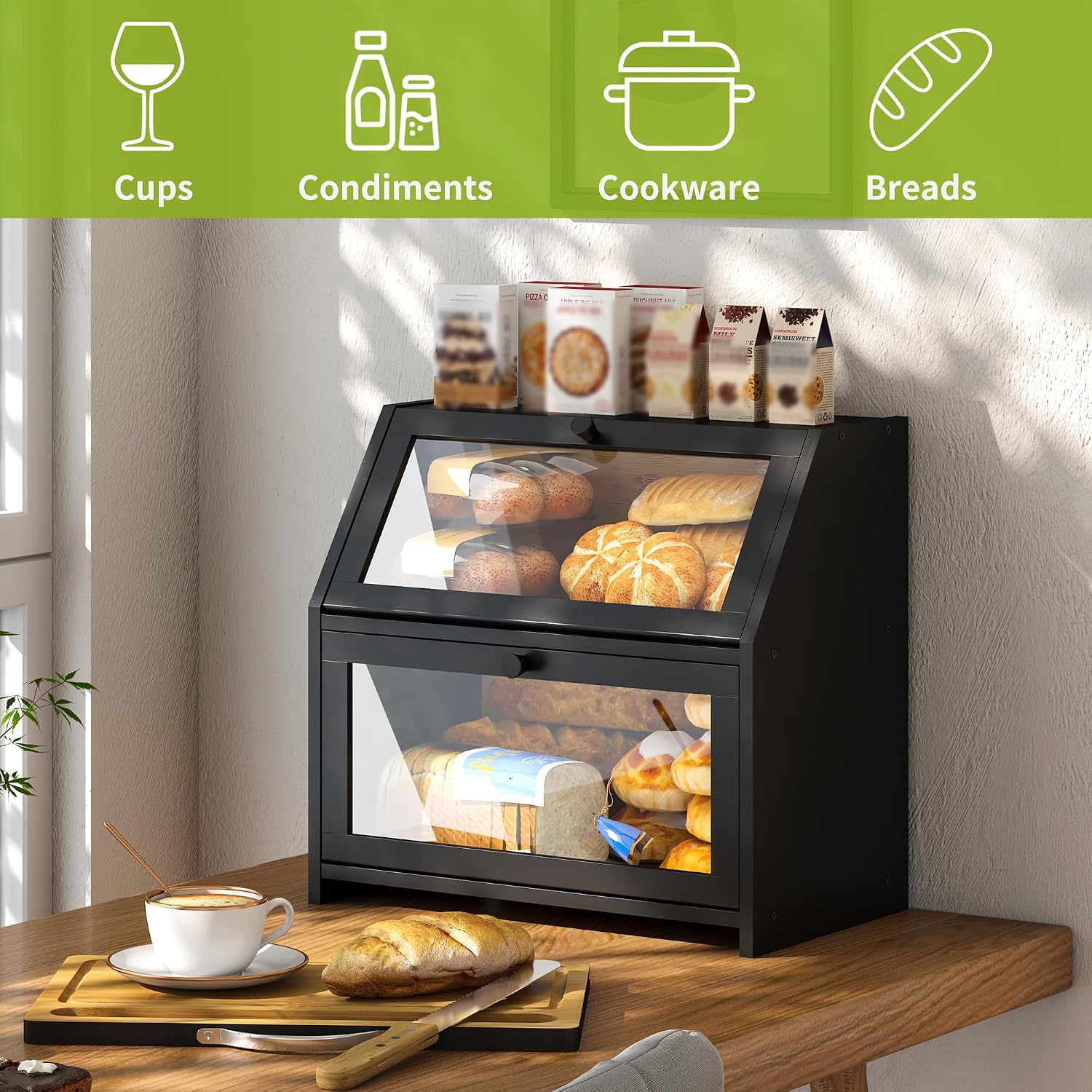BMOSU Bread Box with Cutting Board Kitchen Bread Storage Organizer Farmhouse Countertop Double Bamboo Wood Bread