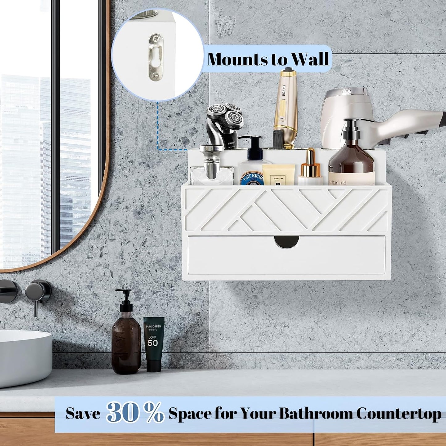 Hair Tool Organizer, Hair Dryer Holder with Drawer, Bathroom Countertop Organizer for Bathroom Accessories, Blow Dryer