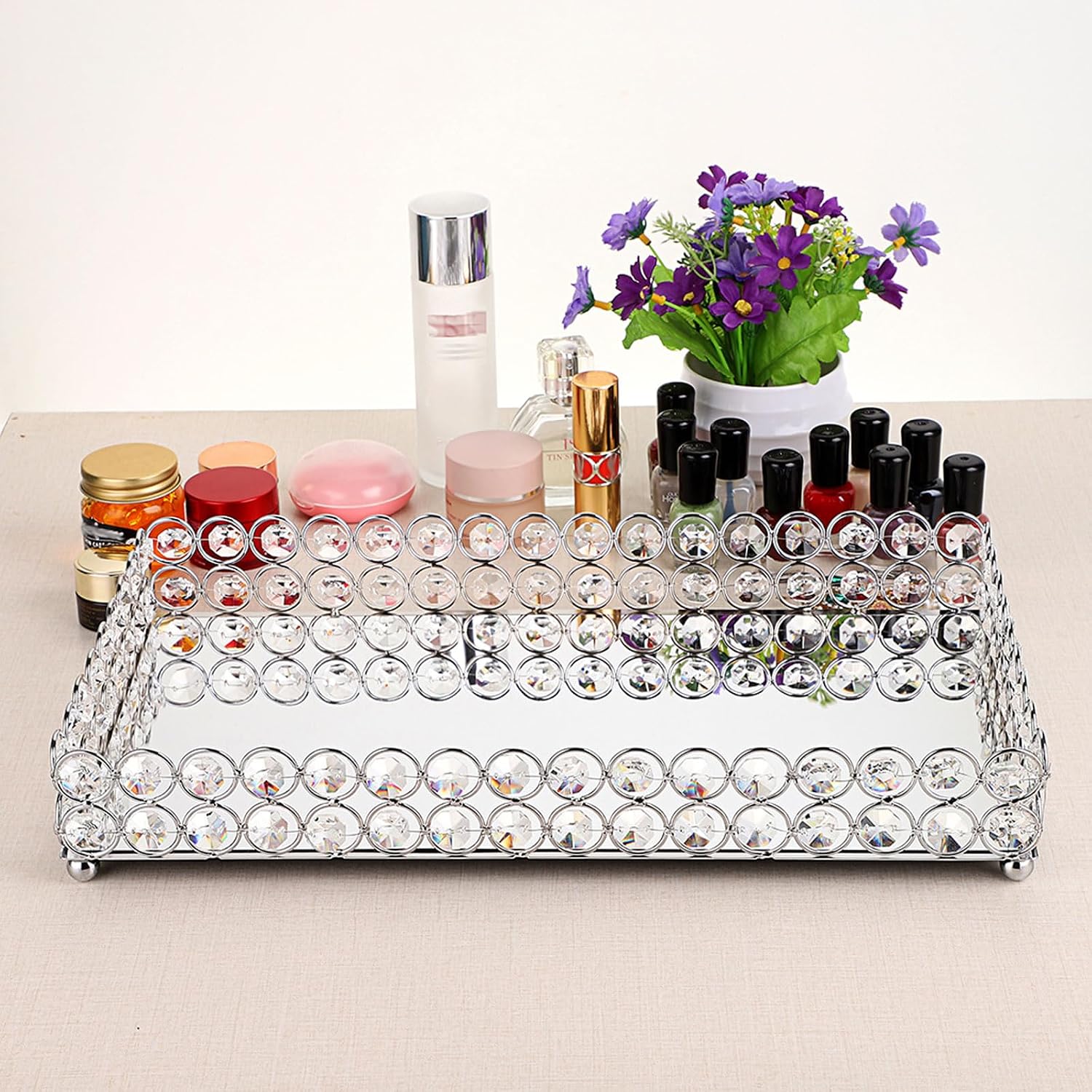 Crystal Cosmetic Vanity Tray / 13.8 x 7.9 x 2 / Silver
