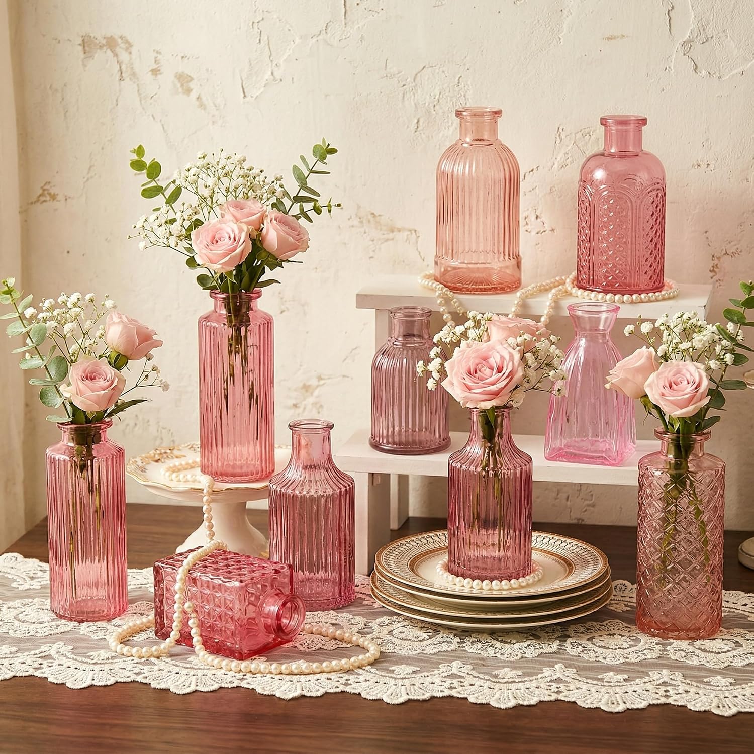 Pink Glass Bud Vases / Pink Series / Set of 15