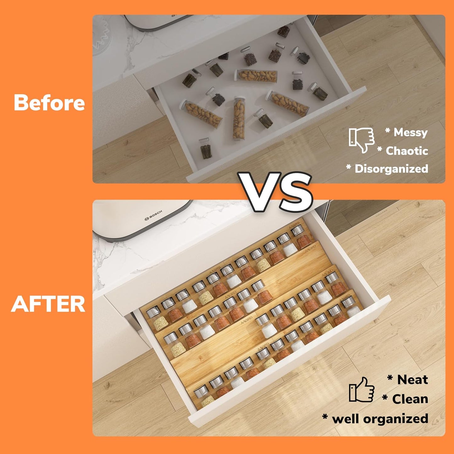 AMBIRD Bamboo Spice Drawer Organizer with Non-slip Mat,4 Tier - 2 Set Jar Spice Rack Tray From 9.5''to 19'', Seasoning