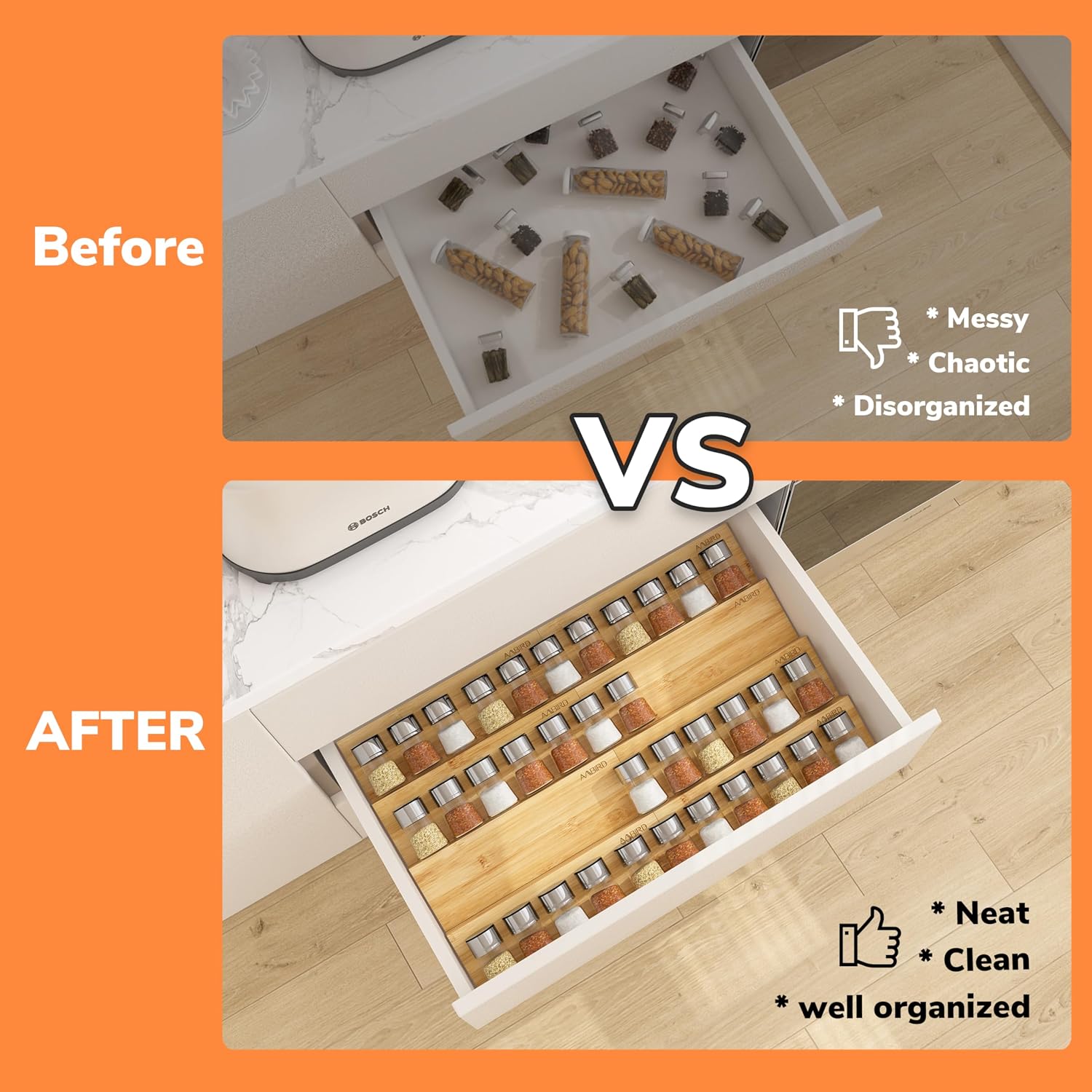 AMBIRD Bamboo Spice Drawer Organizer with Non-slip Mat,4 Tier - 2 Set Jar Spice Rack Tray From 9.5''to 19'', Seasoning