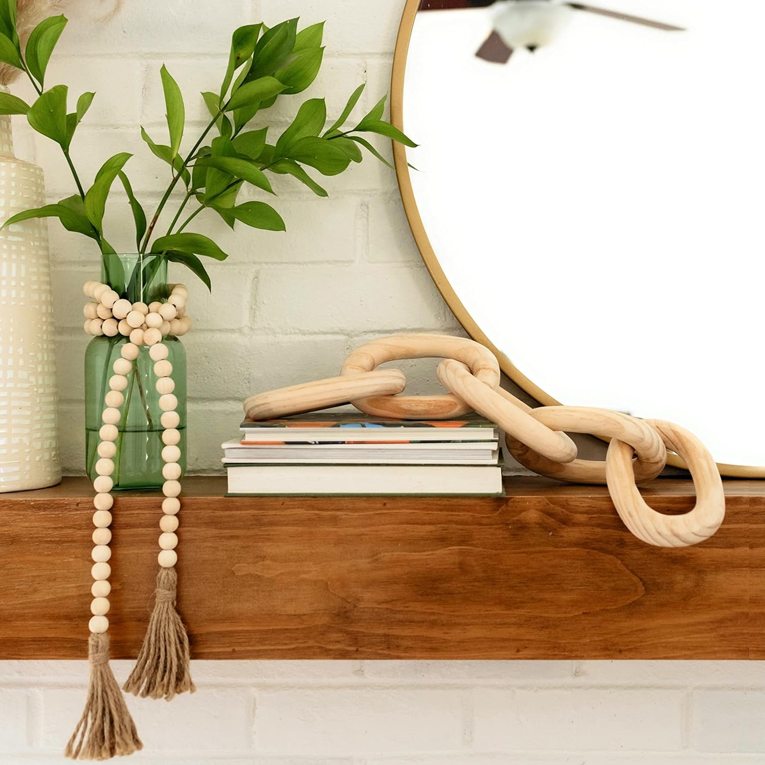 Decorative Wood Chain Link and Bead Garland Set / Natural