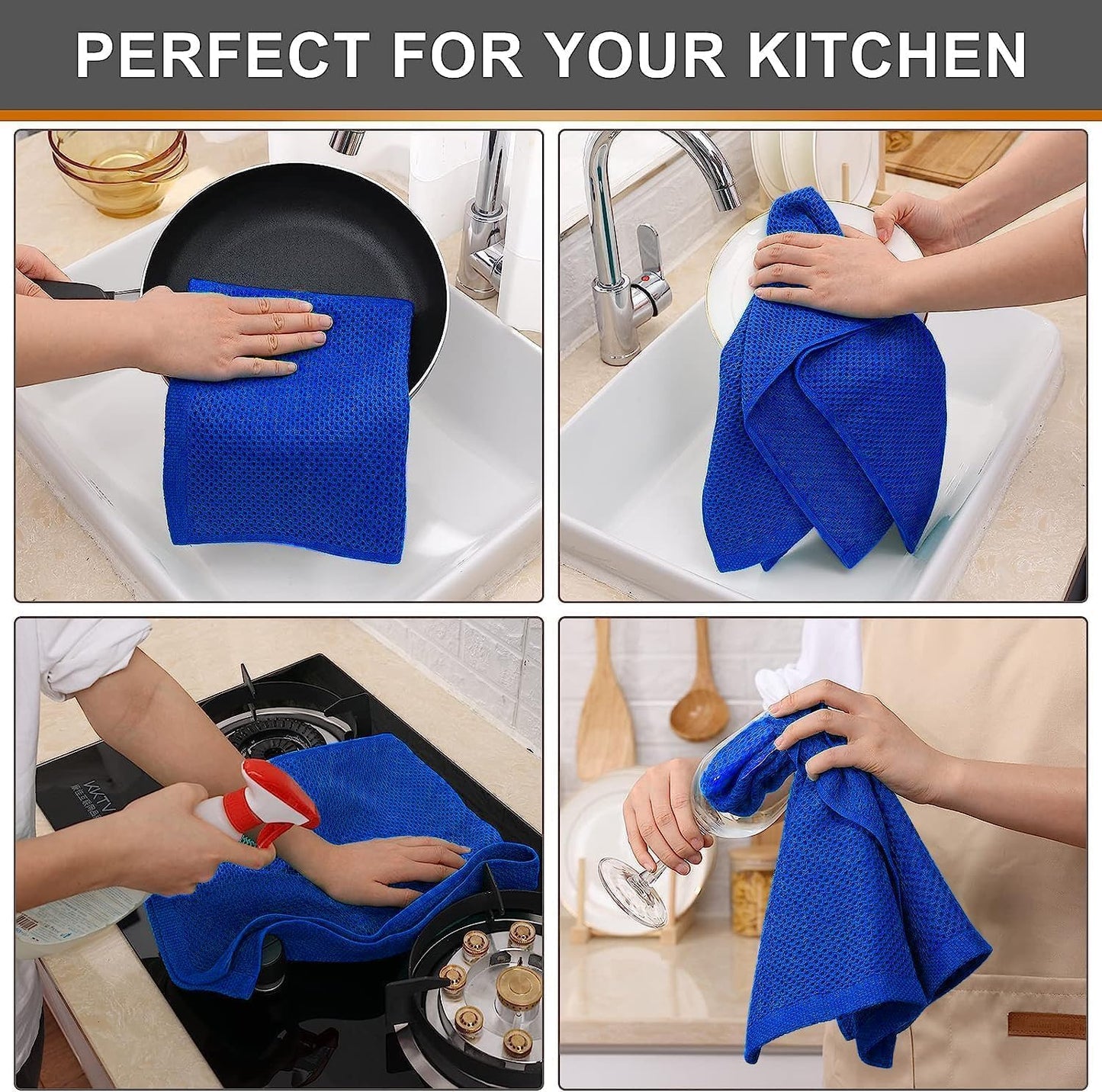 Kitinjoy 100% Cotton Waffle 6-Pack Kitchen Towels, 13" x 28", Blueberry | Super Soft, Ultra-Absorbent, Fast Drying