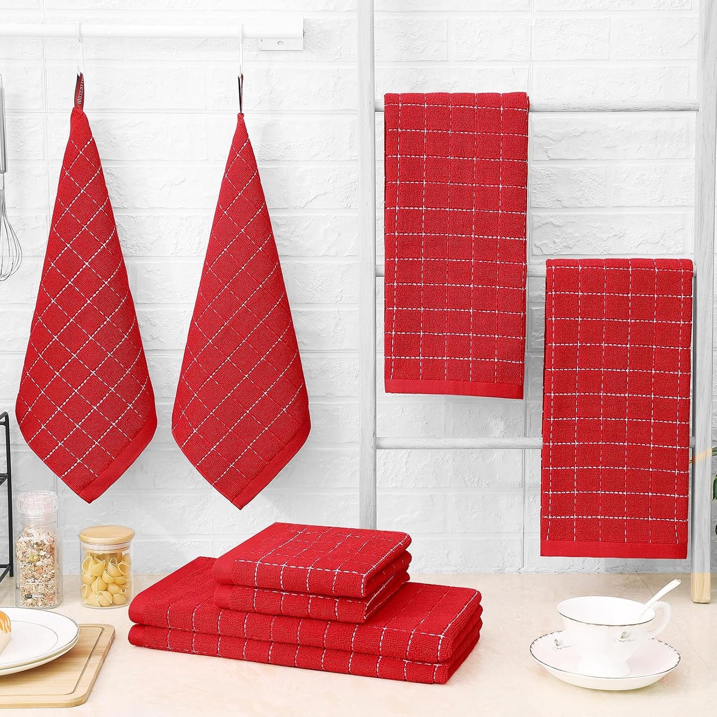 Homaxy 100% Cotton Terry Kitchen Towels, 12 Pack, Red | Ultra Soft and Absorbent Dish Towels for Kitchen, Suitable for