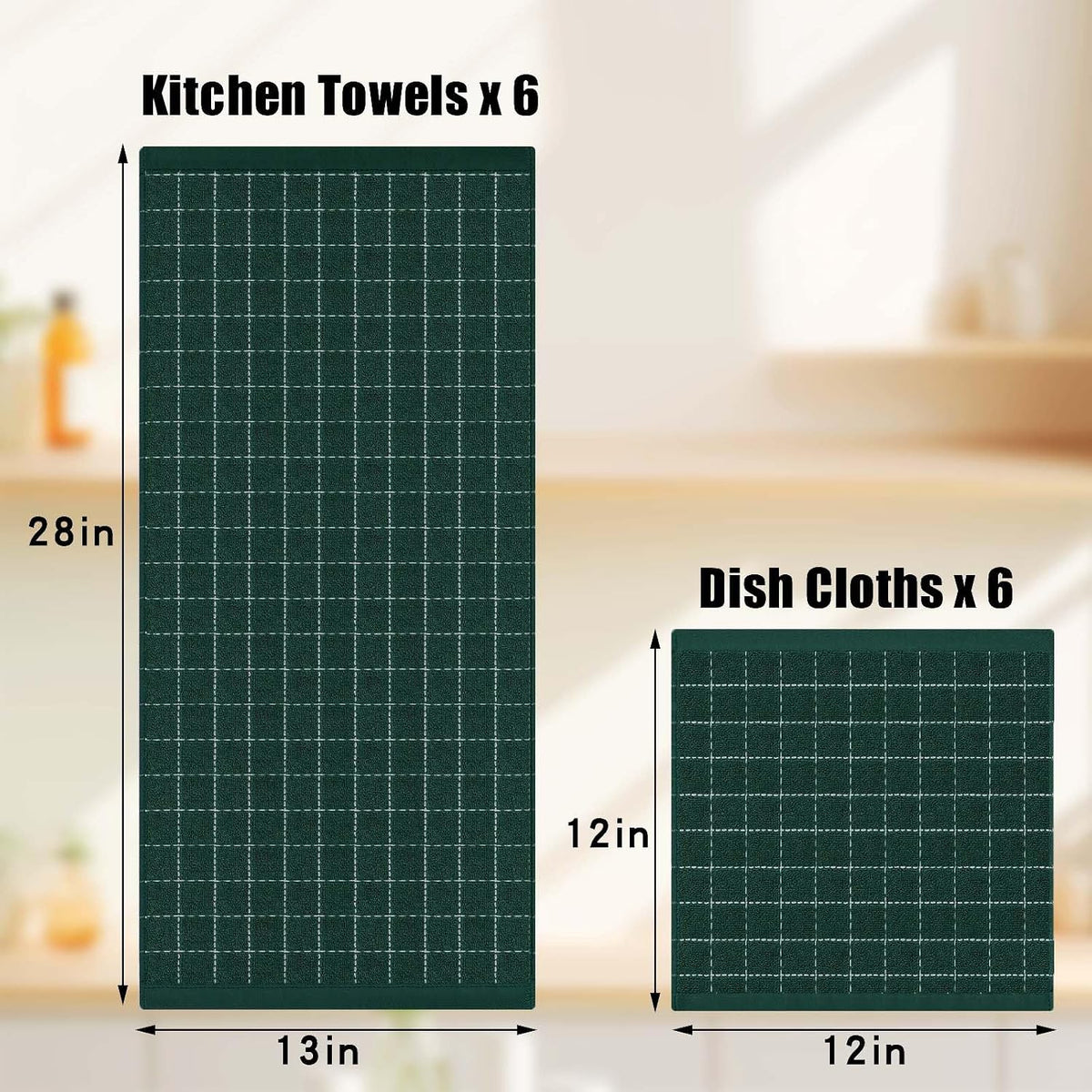 Homaxy Kitchen Towels and Dishcloths Set, Set of 10, Blackish Green | Bulk Cotton Terry Kitchen Towels, Checkered
