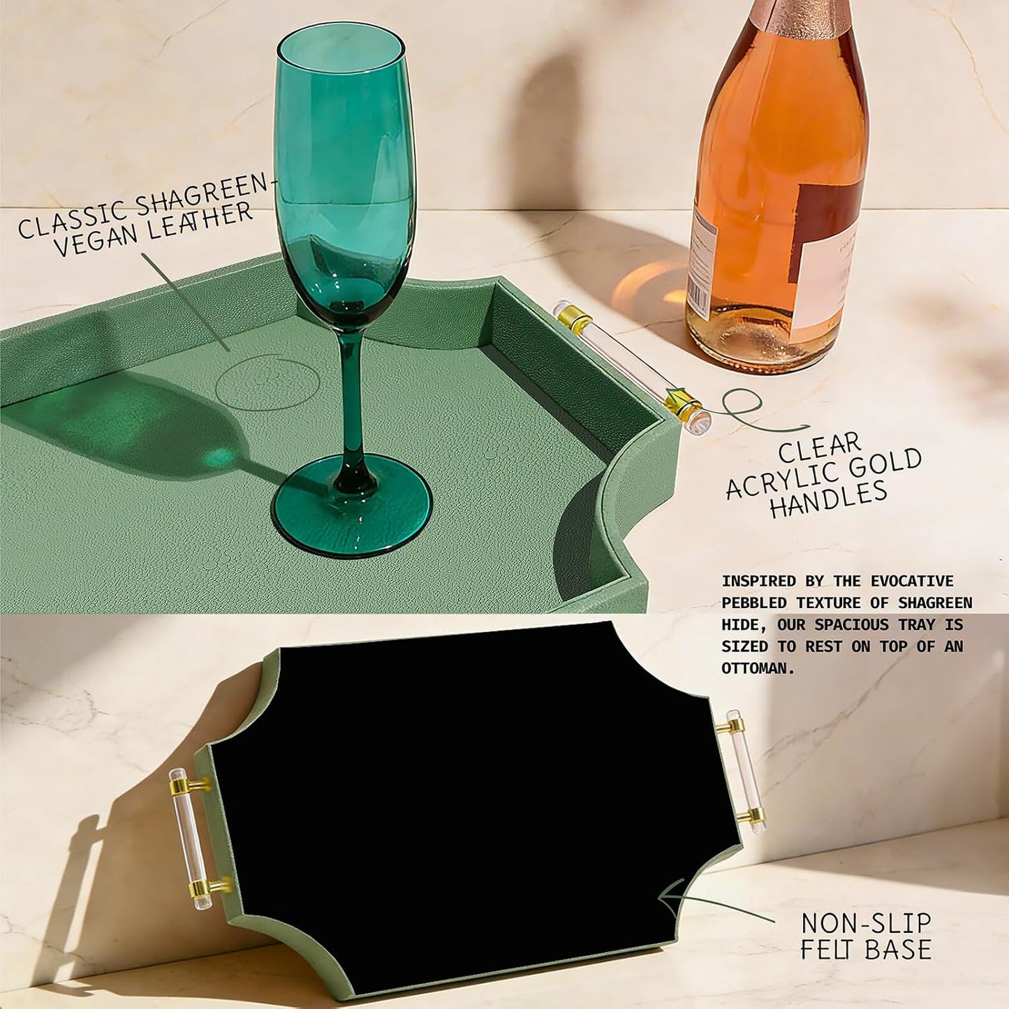 22.6'' x 13'' Coffee Table Tray Shagreen Decorative Tray for Ottoman Home / Green / 22.6 x 13 x 2