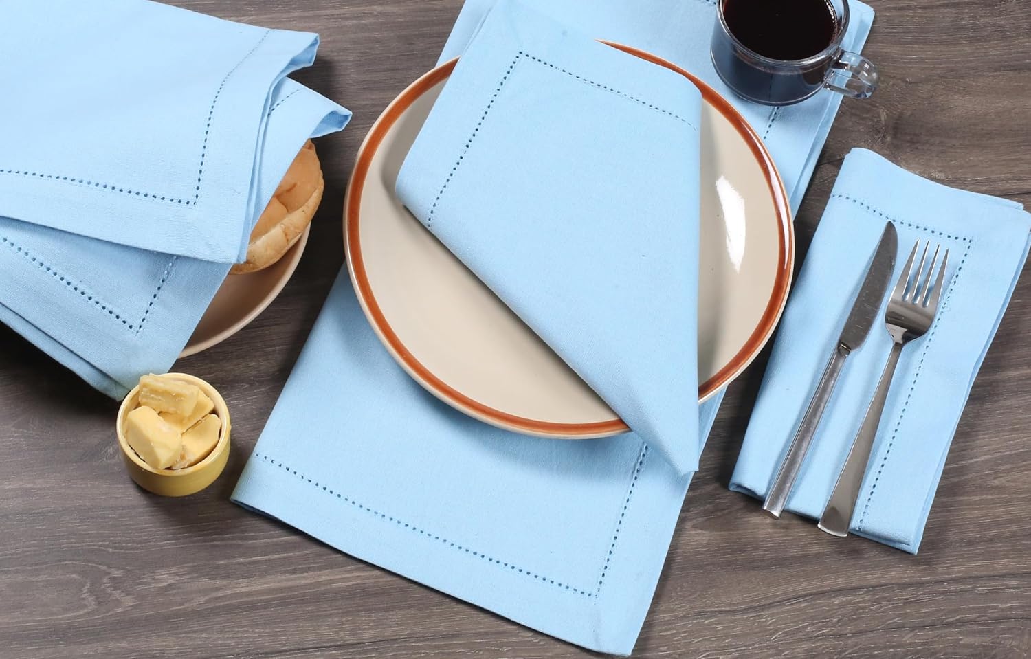 Bedding Craft Cloth Dinner Napkins Set of 12 – 18x18 Airy Blue Linen-Look Hemstitched – Soft Machine Washable Reusable