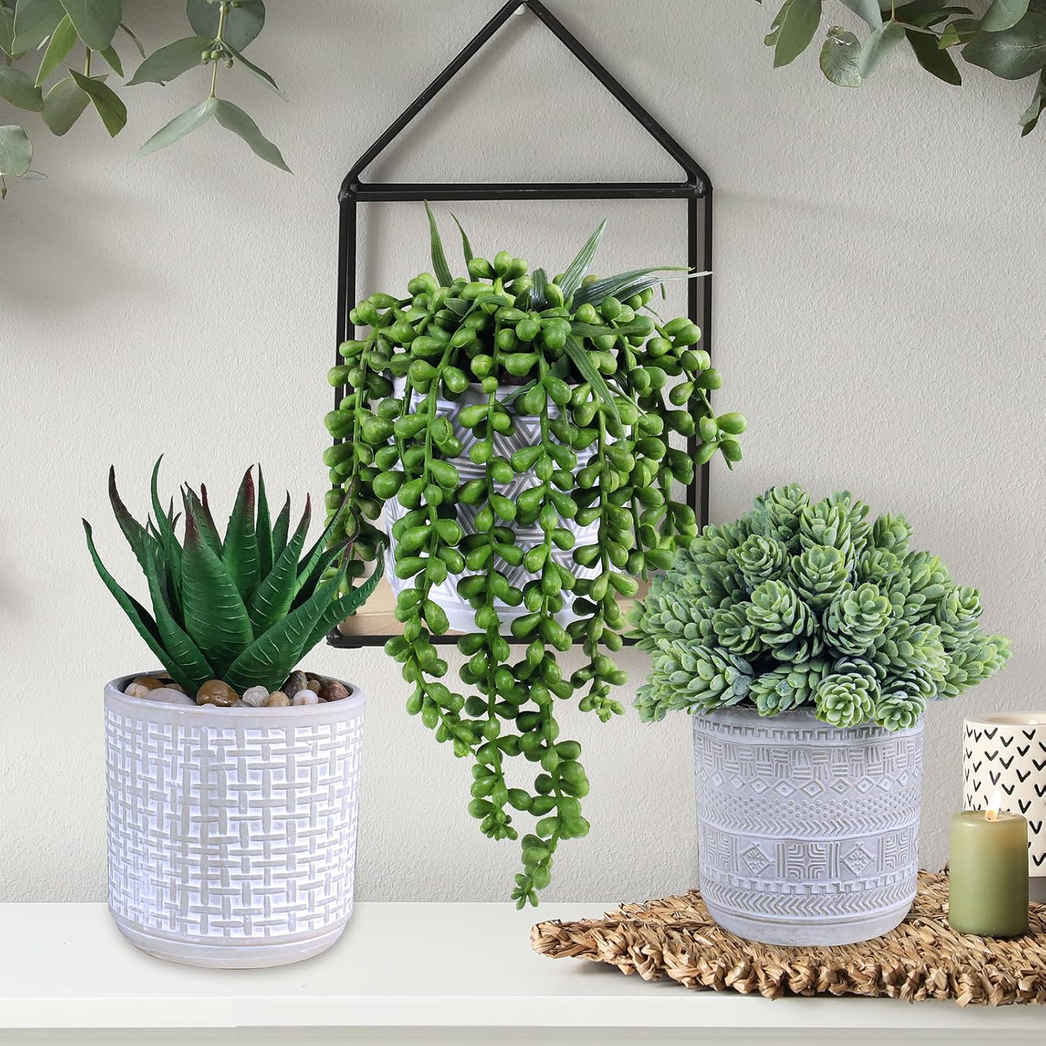 Assorted Small Potted Succulent Plants Fake Aloe String of Pearls Hops Succulents / Gray / Set of 3