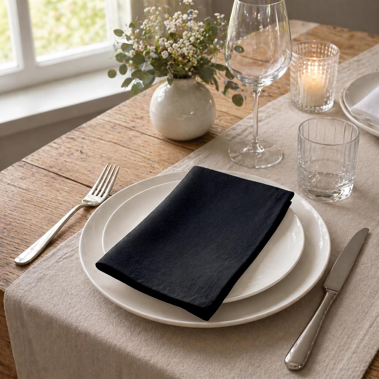 ACCENTHOME Black Cotton Linen Napkin Set of 12 18x18 inch Dinner Napkins | Cotton Linen Blend Napkins, Machine Wash On
