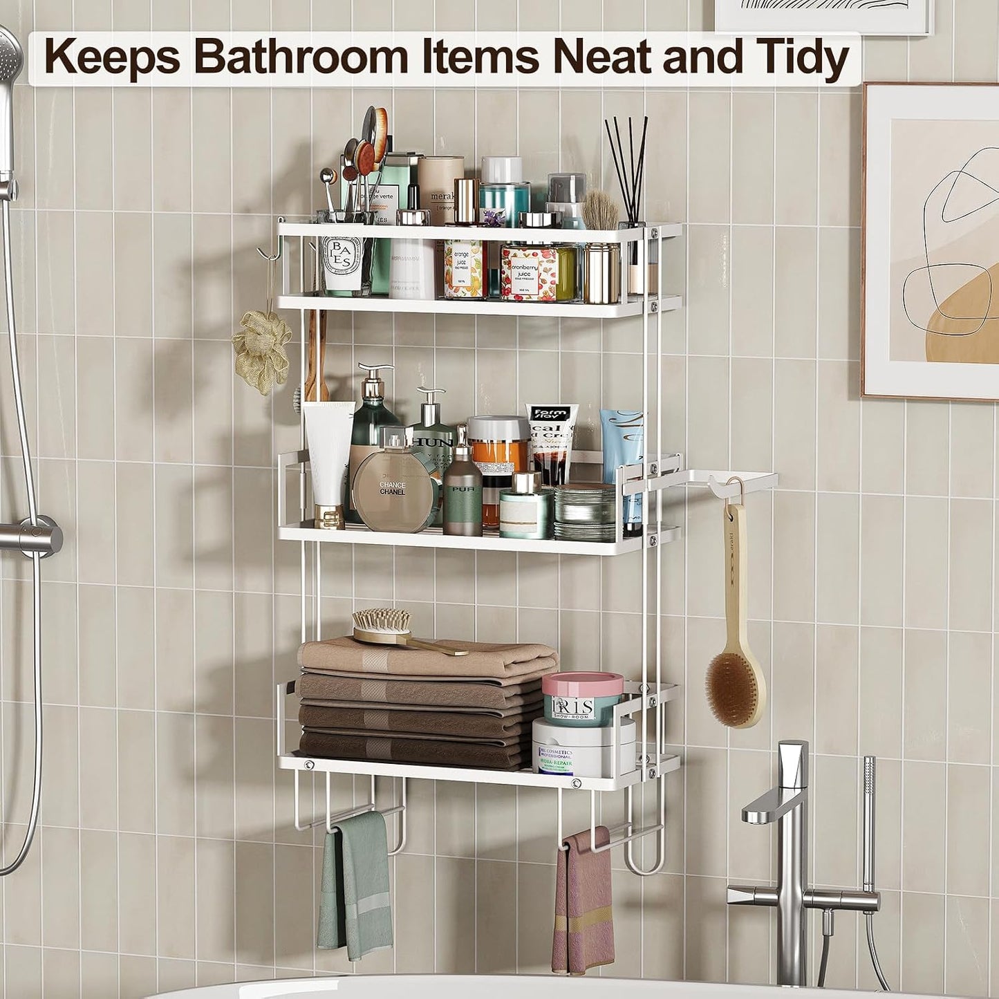 3-Tier Over Toilet Storage Shelf, Wall-Mount with 2 Hook/Paper Rack | Bathroom Organizers and Storage Cabinet