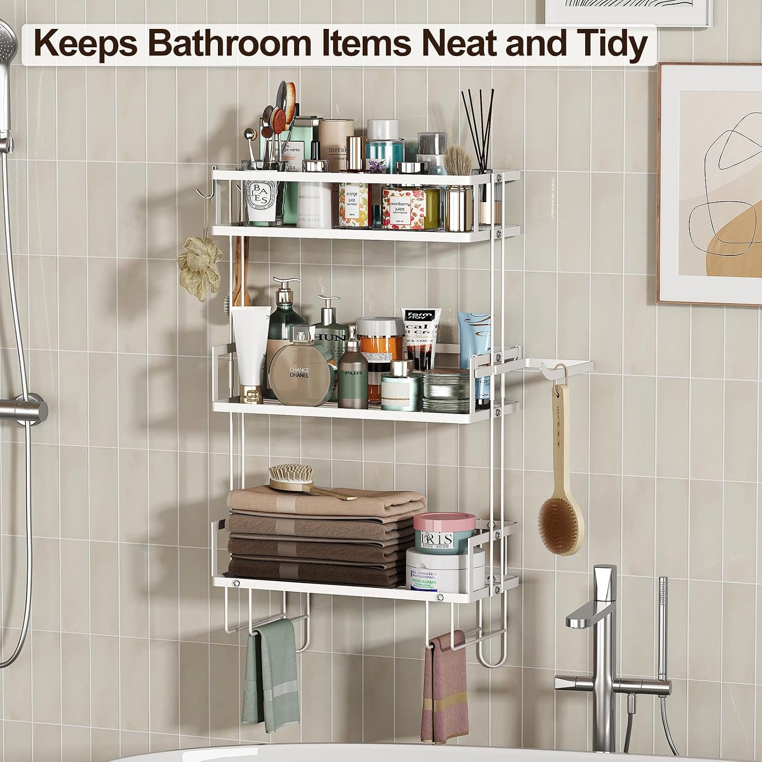 3-Tier Over Toilet Storage Shelf, Wall-Mount with 2 Hook/Paper Rack | Bathroom Organizers and Storage Cabinet