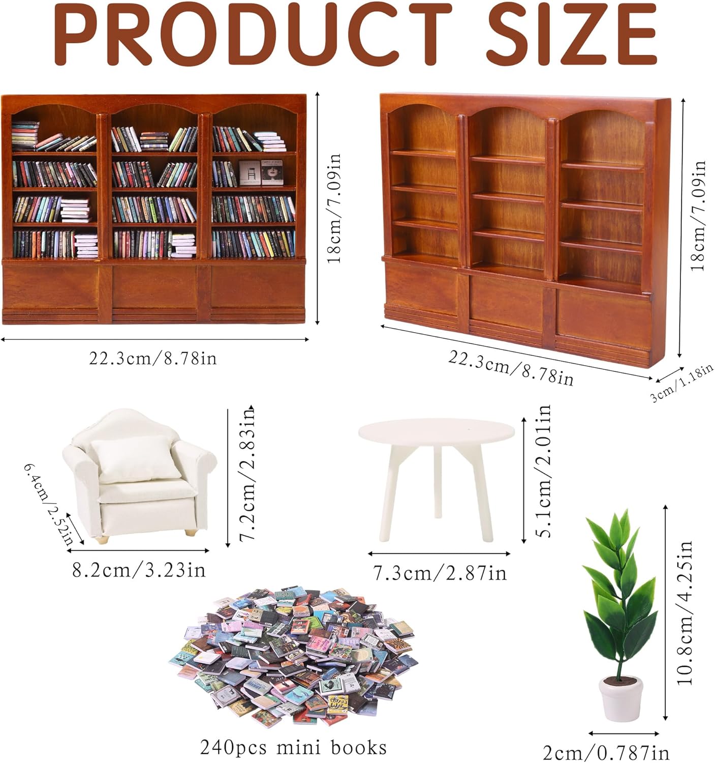 Mini Books Sofa Desk Plant Miniature Anxiety Bookshelf / Mini Books with Big Bookshelf / Set of 240