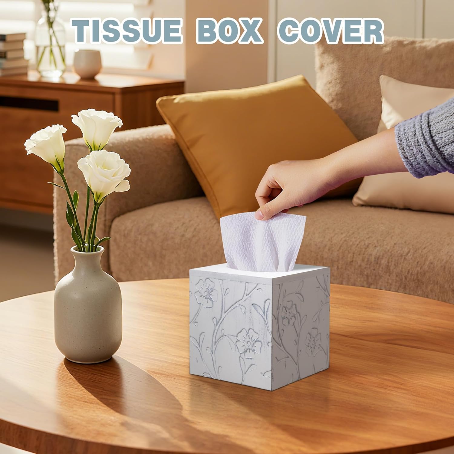 Carved Flowers Wooden Tissue Box Holder / Carved Flower