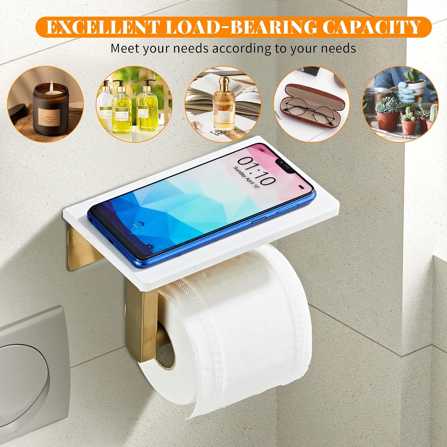Brushed Gold Toilet Paper Holder with Marble-Look Shelf, Wall Mounted SUS304 Stainless Steel Toilet Roll Holder with