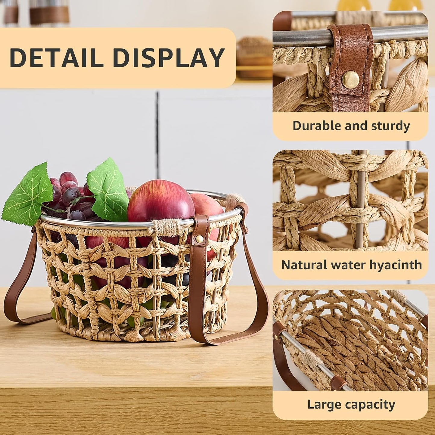 Farmhouse Wicker Egg Basket for Collecting Fresh Eggs / Round-water Hyacinth / Brown