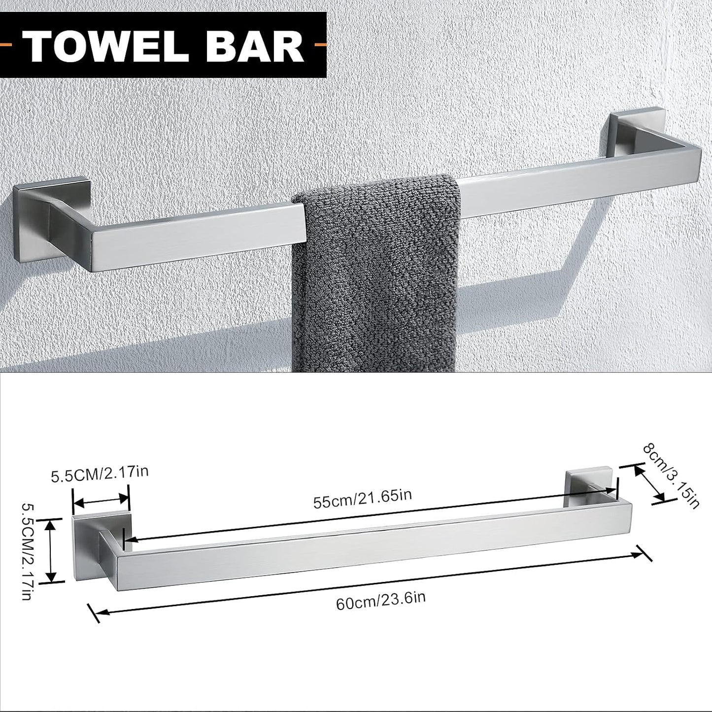 YACVCL 5-Piece Bathroom Hardware Accessories Set 23.6 inch Towel Bar Towel Rack Sets Modern Towel Ring Kit Stainless