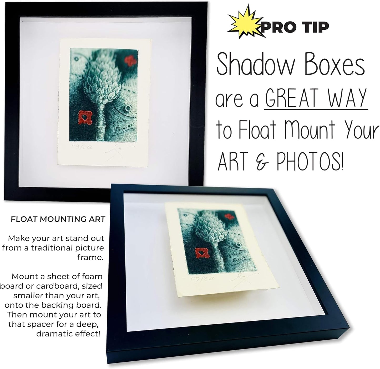 4x4 Shadow Box Black Solid Wood Frame with White Acid-Free Backing UV Acrylic & Hanging Hardware - with 3/4" Usable